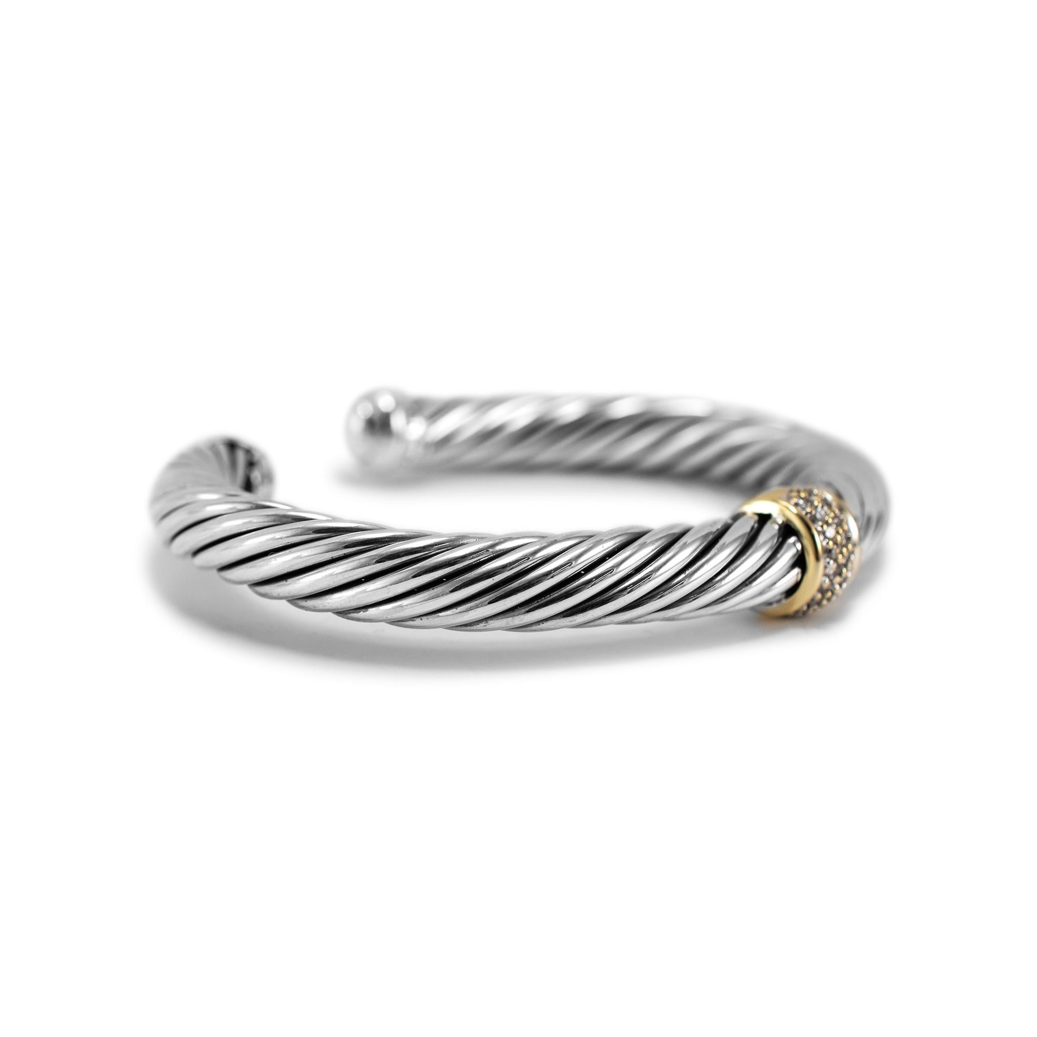 Round Cut David Yurman 925 Sterling Silver Yellow Gold Diamond Classic Cable Cuff Bracelet For Sale