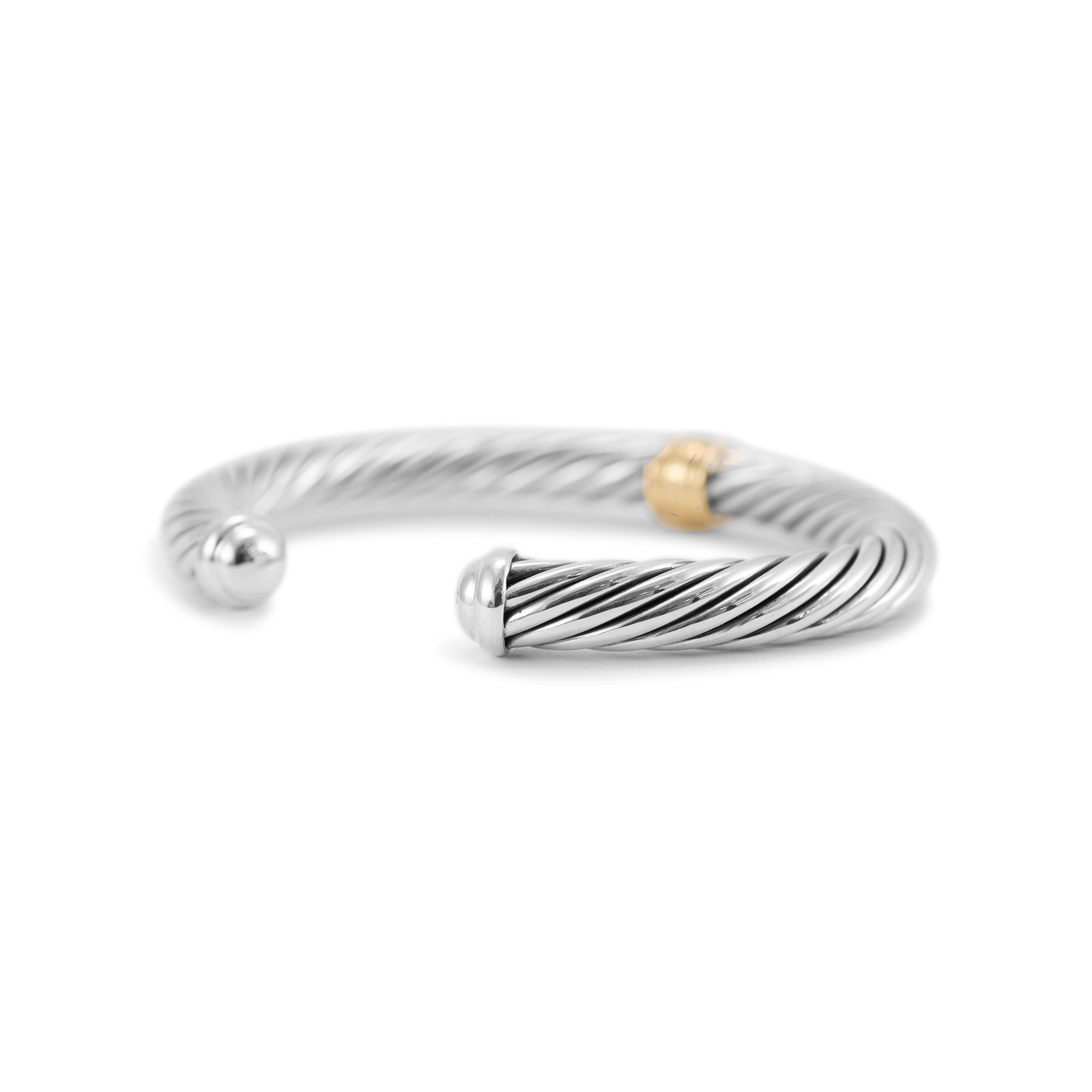 David Yurman 925 Sterling Silver Yellow Gold Diamond Classic Cable Cuff Bracelet In Excellent Condition For Sale In Houston, TX