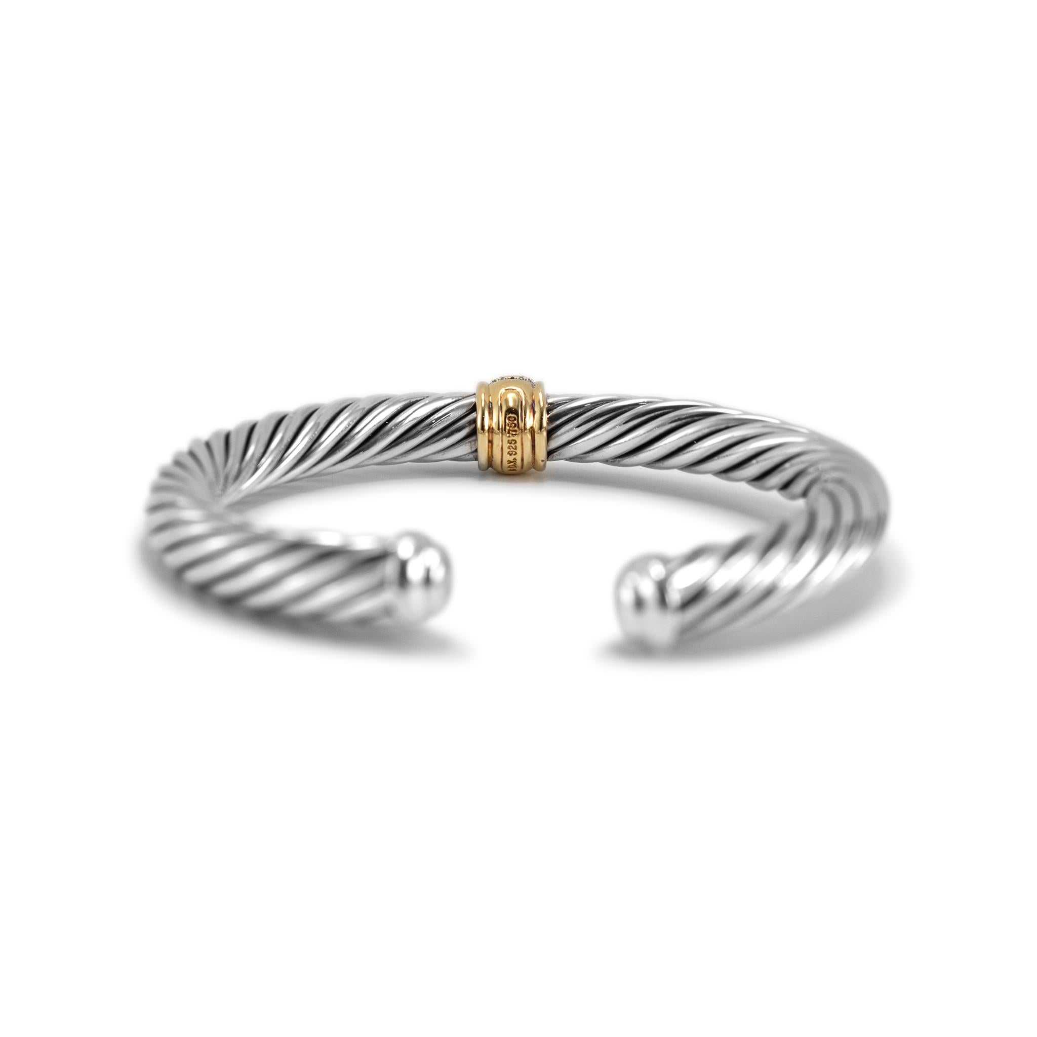 David Yurman 925 Sterling Silver Yellow Gold Diamond Classic Cable Cuff Bracelet In Excellent Condition For Sale In Houston, TX