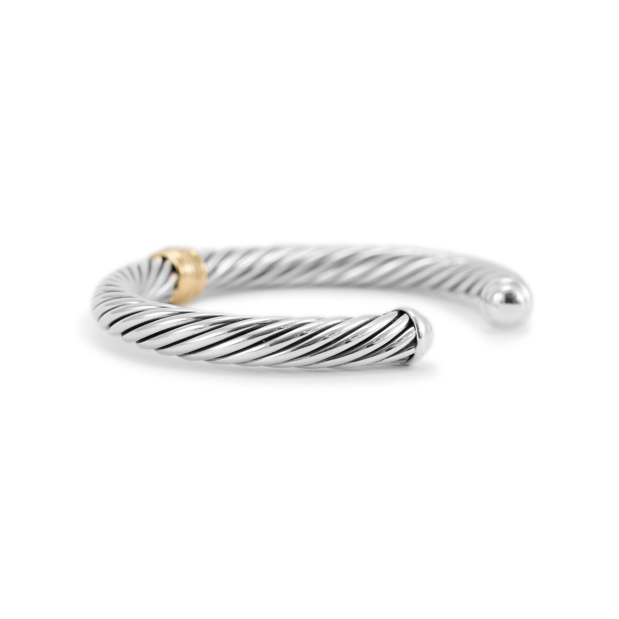 Women's David Yurman 925 Sterling Silver Yellow Gold Diamond Classic Cable Cuff Bracelet For Sale