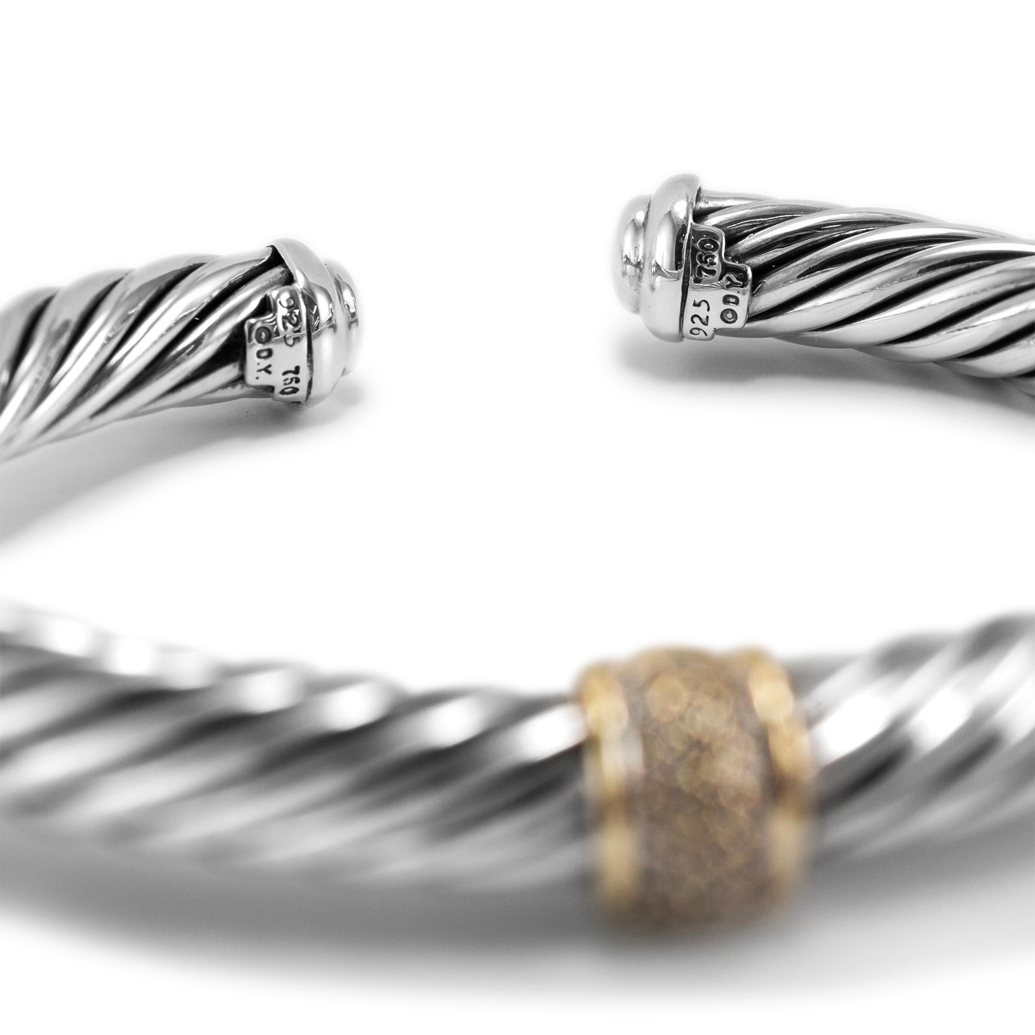 Women's David Yurman 925 Sterling Silver Yellow Gold Diamond Classic Cable Cuff Bracelet For Sale