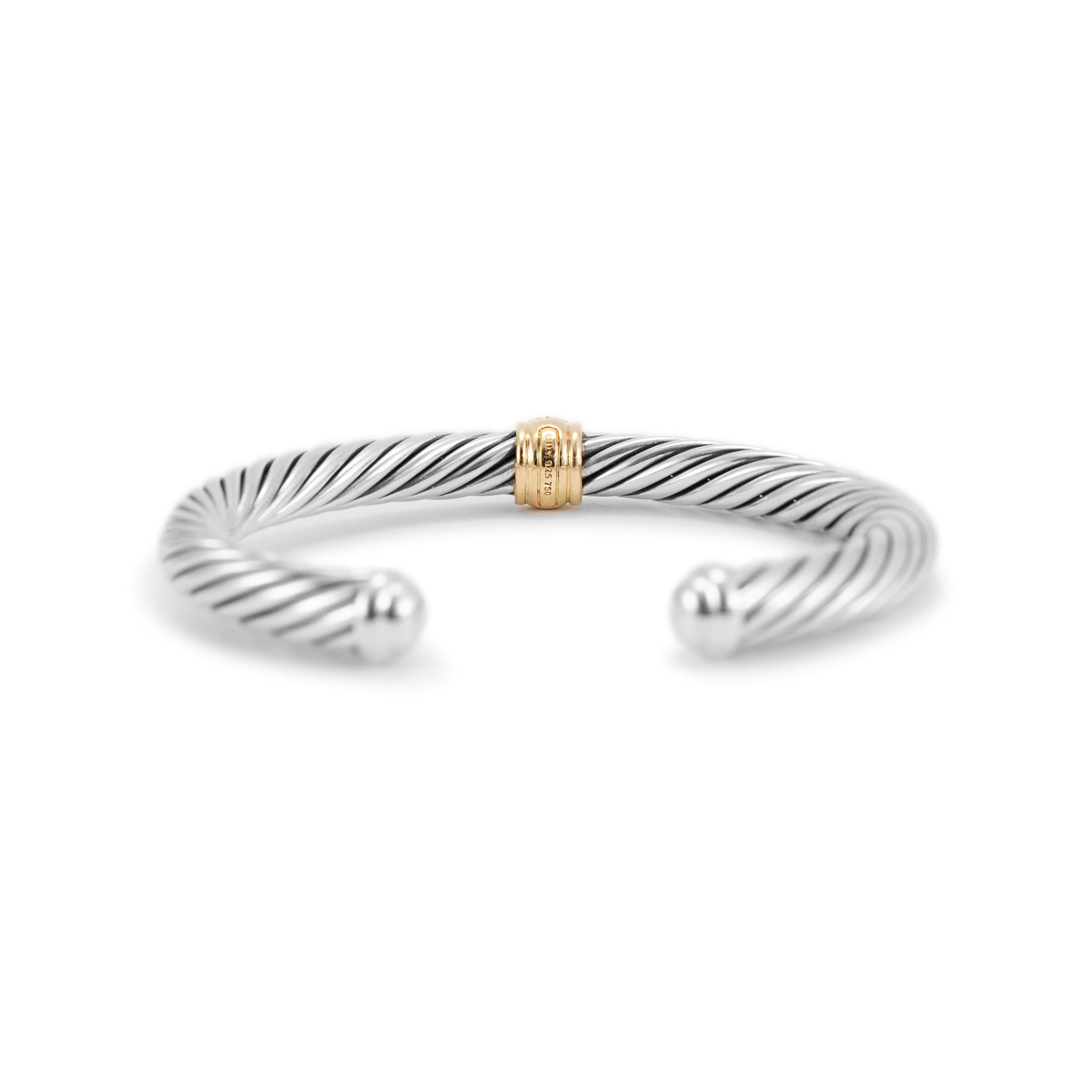 David Yurman 925 Sterling Silver Yellow Gold Diamond Classic Cable Cuff Bracelet For Sale 1