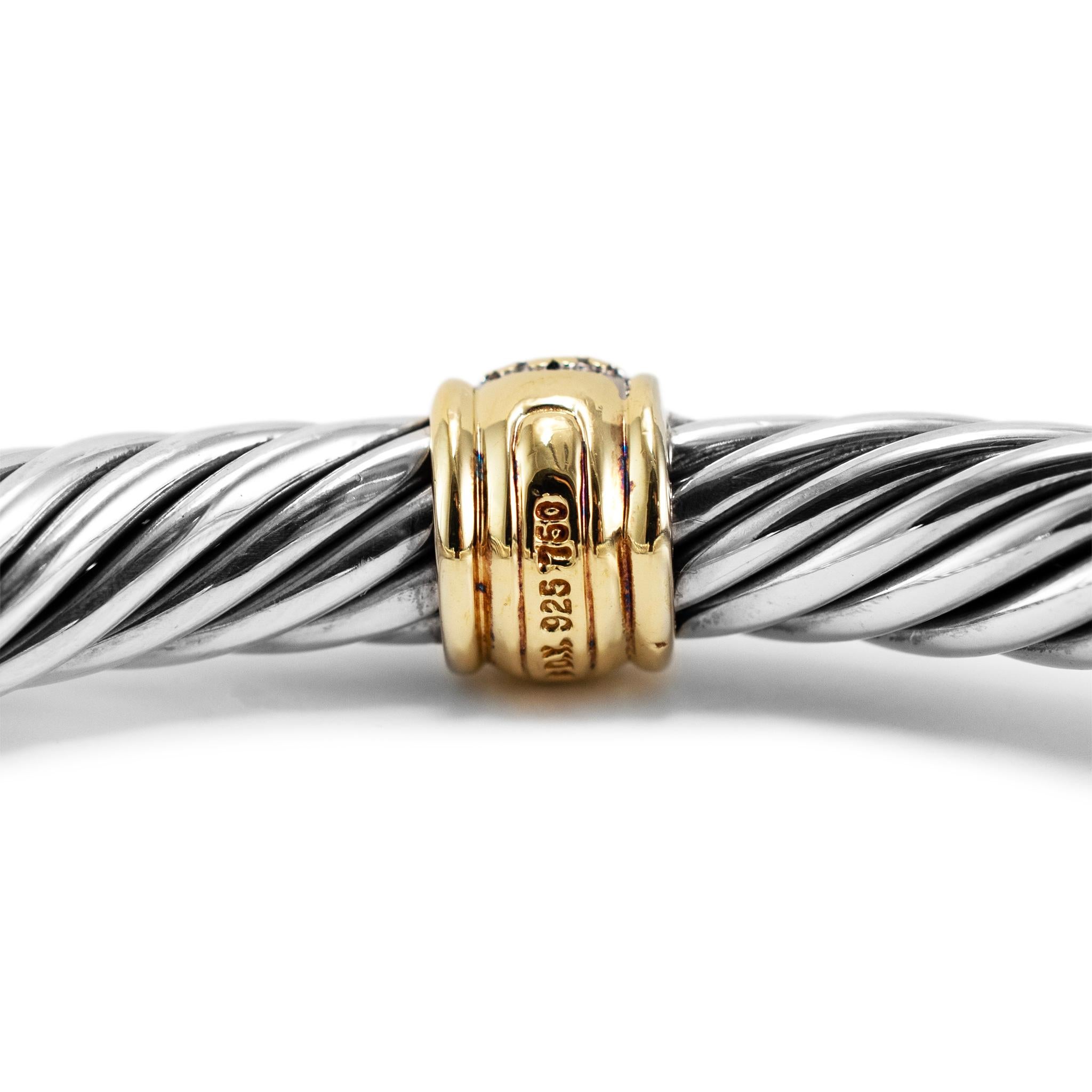 David Yurman 925 Sterling Silver Yellow Gold Diamond Classic Cable Cuff Bracelet For Sale 1