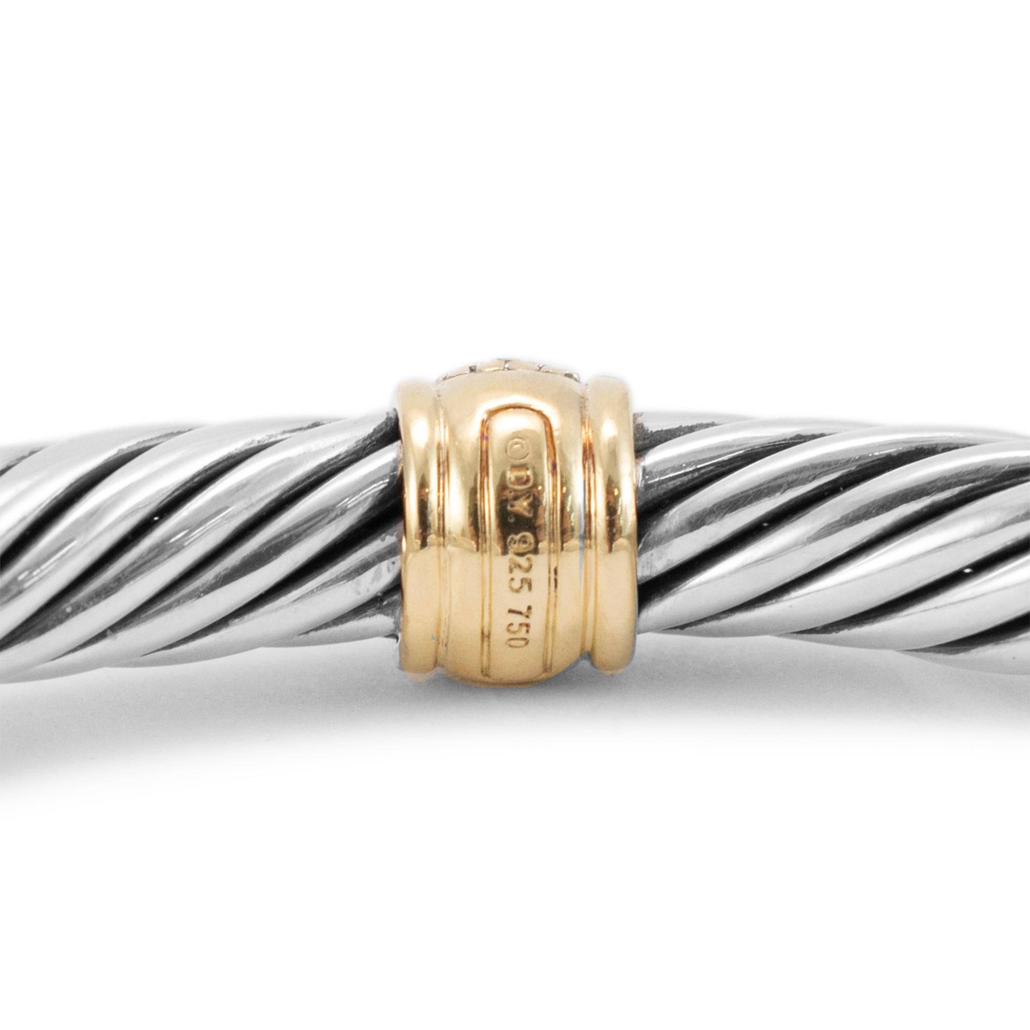 David Yurman 925 Sterling Silver Yellow Gold Diamond Classic Cable Cuff Bracelet For Sale 2