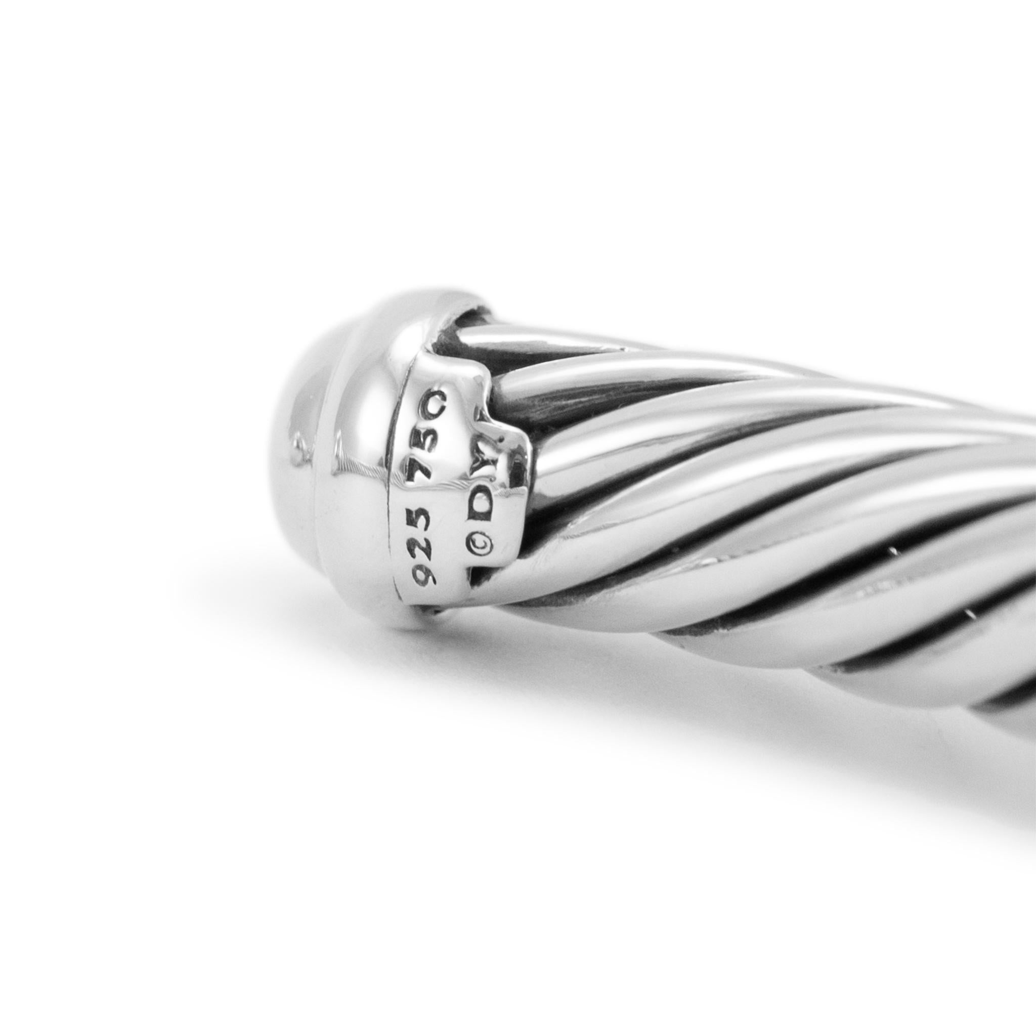 David Yurman 925 Sterling Silver Yellow Gold Diamond Classic Cable Cuff Bracelet For Sale 3