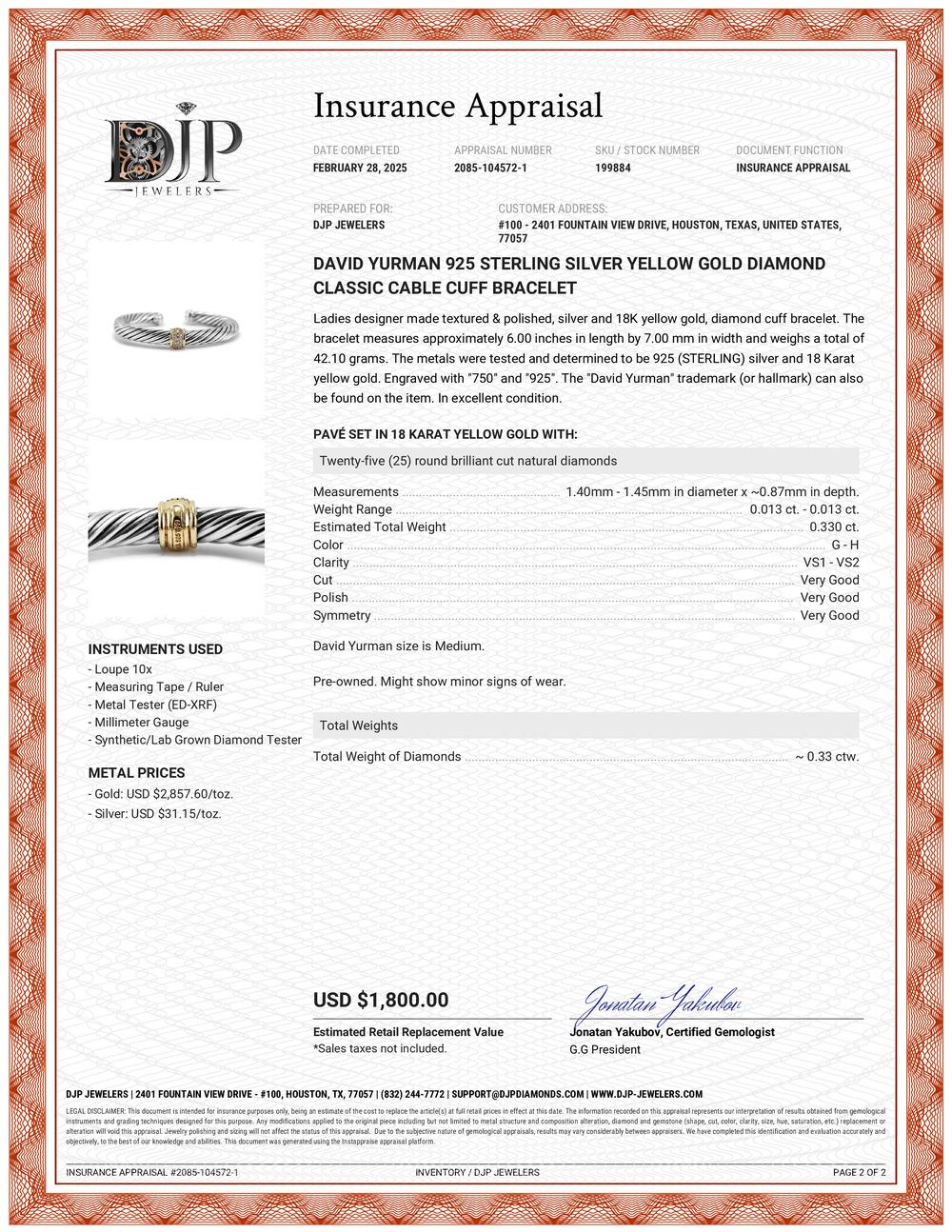 David Yurman 925 Sterling Silver Yellow Gold Diamond Classic Cable Cuff Bracelet For Sale 3