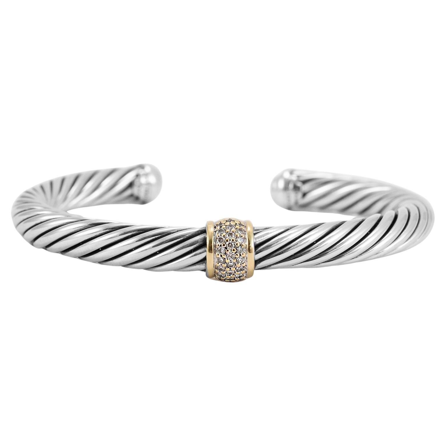 David Yurman 925 Sterling Silver Yellow Gold Diamond Classic Cable Cuff Bracelet