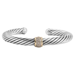 David Yurman 925 Sterling Silver Yellow Gold Diamond Classic Cable Cuff Bracelet