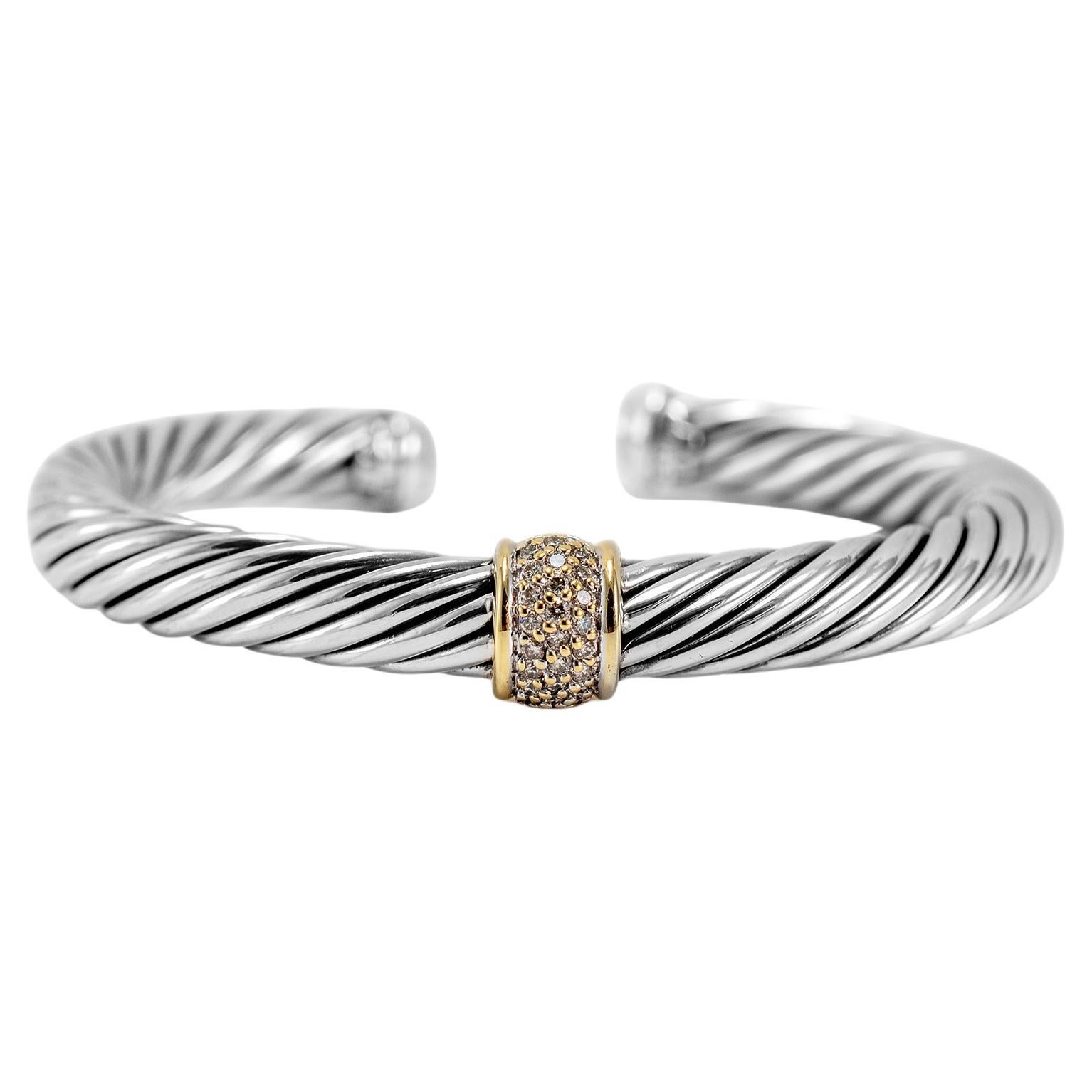 David Yurman 925 Sterling Silver Yellow Gold Diamond Classic Cable Cuff Bracelet