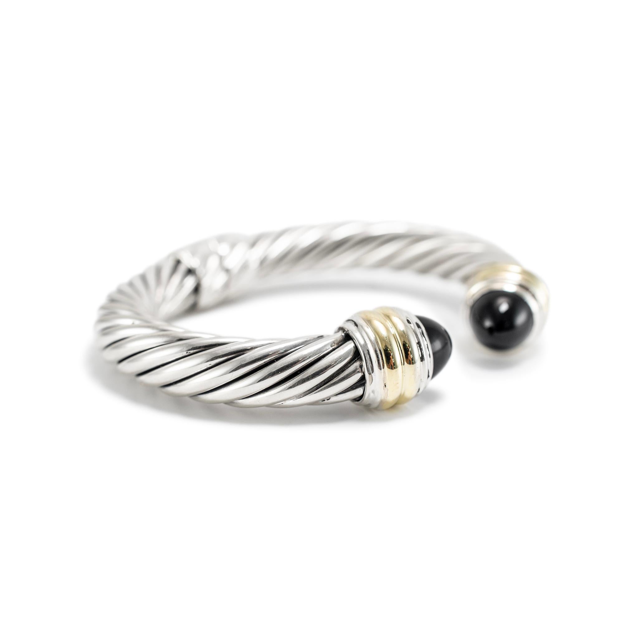 Round Cut David Yurman 925 Sterling Silver Yellow Gold Onyx Classic Cable Cuff Bracelet