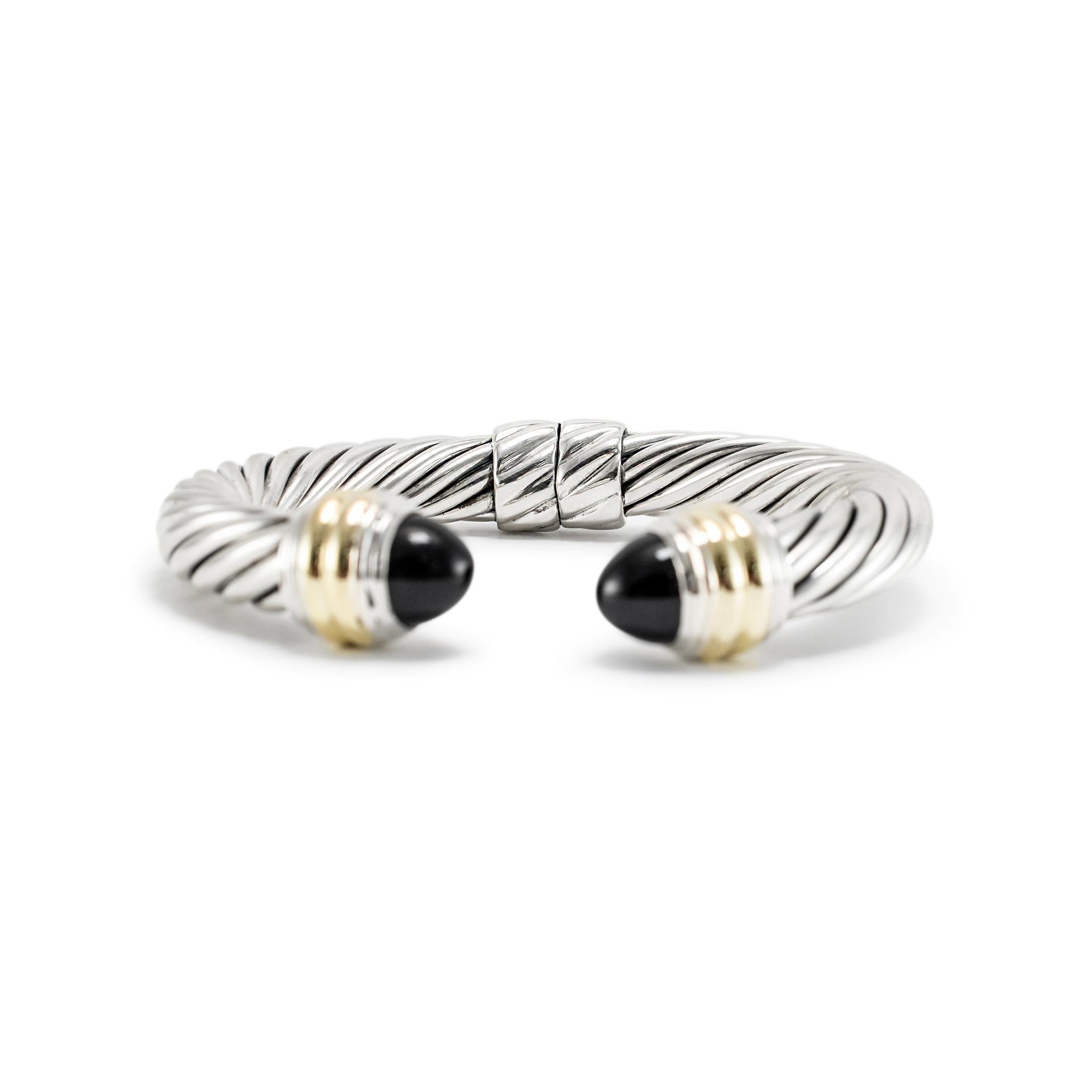 David Yurman 925 Sterling Silver Yellow Gold Onyx Classic Cable Cuff Bracelet 1