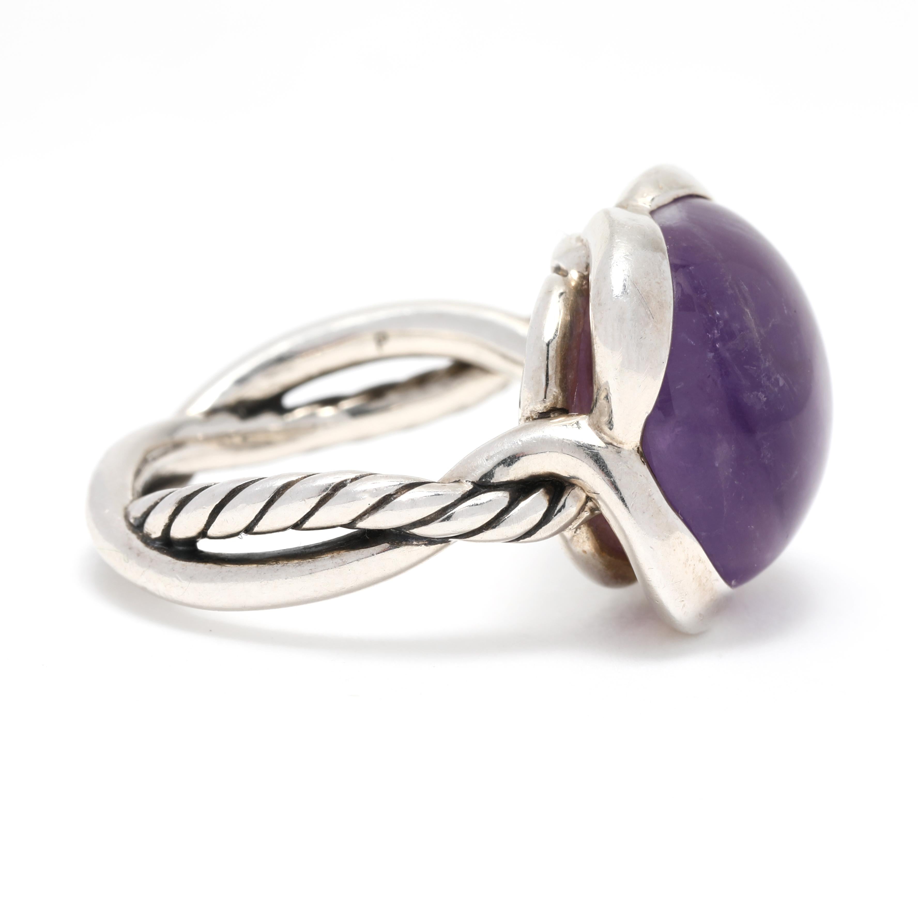 Stones:
- amethyst, 1 stone
- round cabochon
- 14 mm
- approximately 9.50 carat

Ring Size 5.5

Rise Off Of Finger: 9.3 mm

Length: 1/2 in.

Weight: 5.9 dwts. / 9.2 grams

Stamps: DY 925

A Couple Of Things to Note:
* This is a vintage item and may