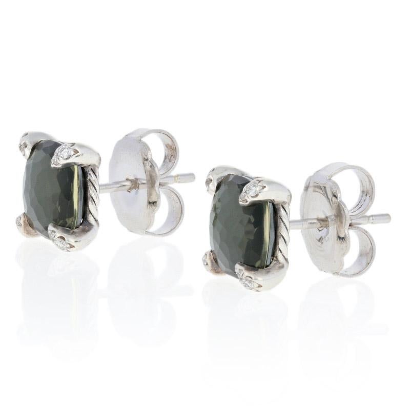 Brand: David Yurman
Collection: Chatelaine 

Metal Content: Guaranteed Sterling Silver as stamped

Stone Information: 
Green Orchid
(genuine lemon citrine over genuine hematite)
Size: 9mm square

Natural Diamonds  
Cut: Round Brilliant

Style: Stud