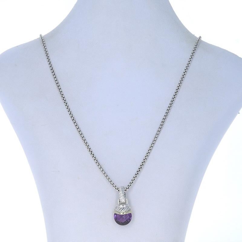Brand: David Yurman
Design: Acorn Enhancer

Metal Content: Sterling Silver & 14k Yelow Gold

Stone Information
Natural Amethyst
Cut: Checkerboard Briolette
Color: Purple

Style: Enhancer
Chain Style: Box
Necklace Style: Chain
Fastening Type: Lobster