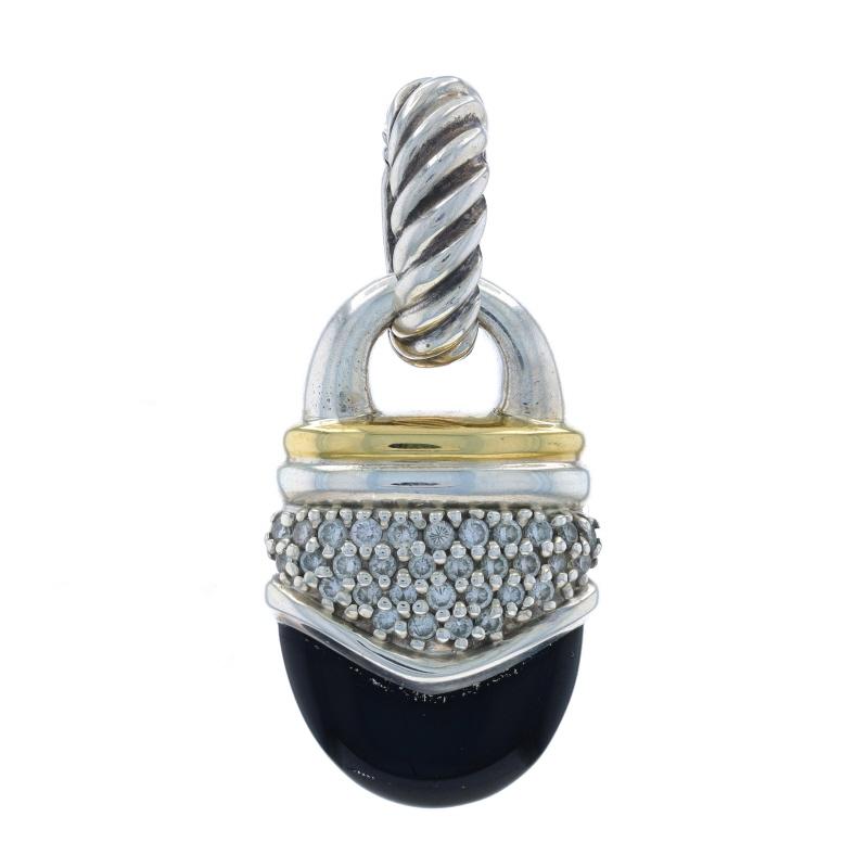 Brand: David Yurman
Design:  Acorn Pendant Enhancer

Metal Content: Sterling Silver & 18k Yellow Gold

Stone Information

Natural Onyx

Natural Diamonds
Carat(s): .32ctw
Cut: Round Brilliant

Total Carats: .32ctw

Measurements

Tall (from stationary