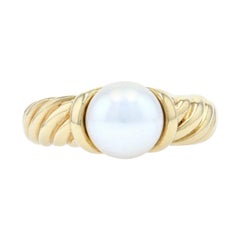 David Yurman Akoya Pearl Ring, 18k Yellow Gold Solitaire Designer Gift