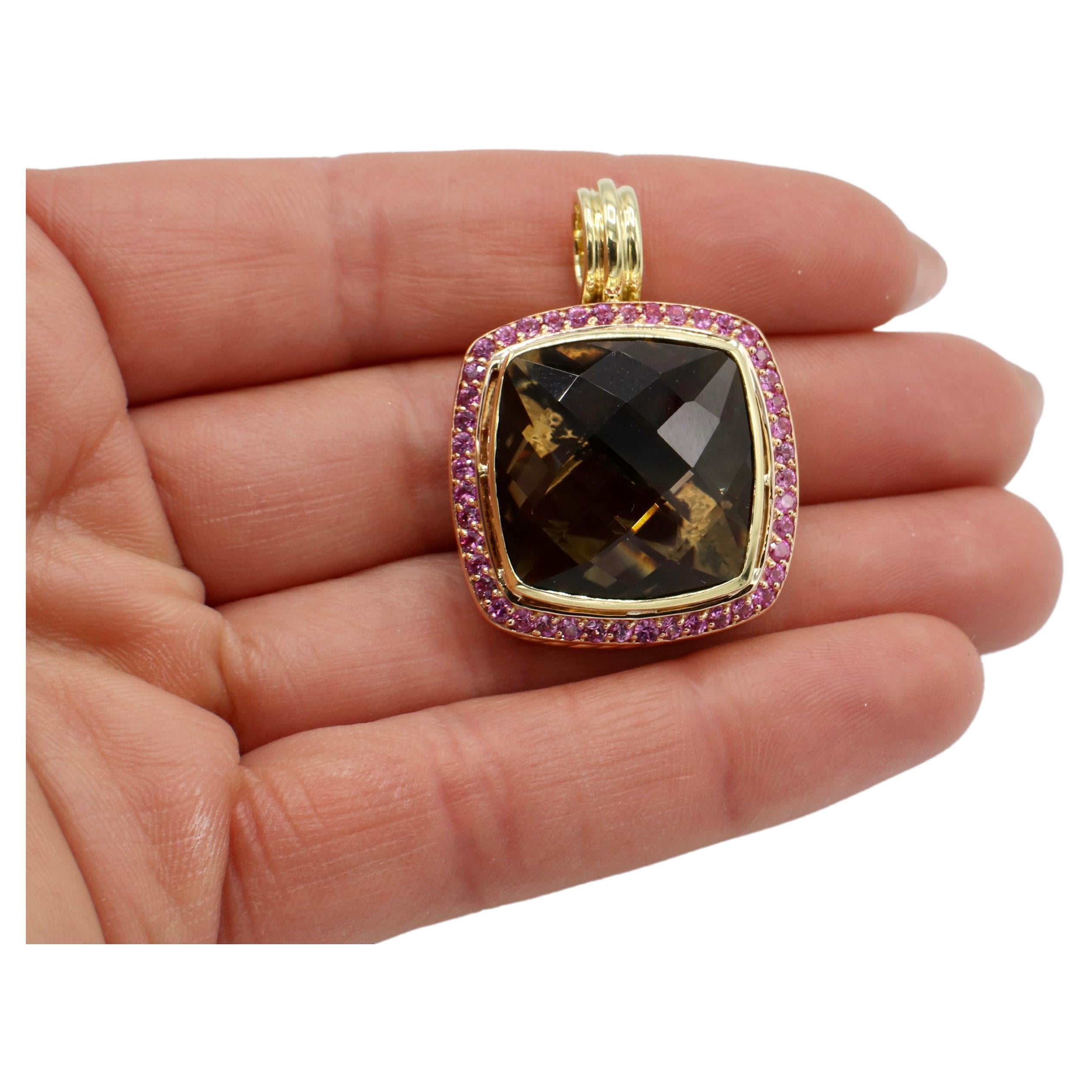 Modern David Yurman Albion 18 Karat Yellow Gold Smoky Quartz & Pink Sapphire Pendant