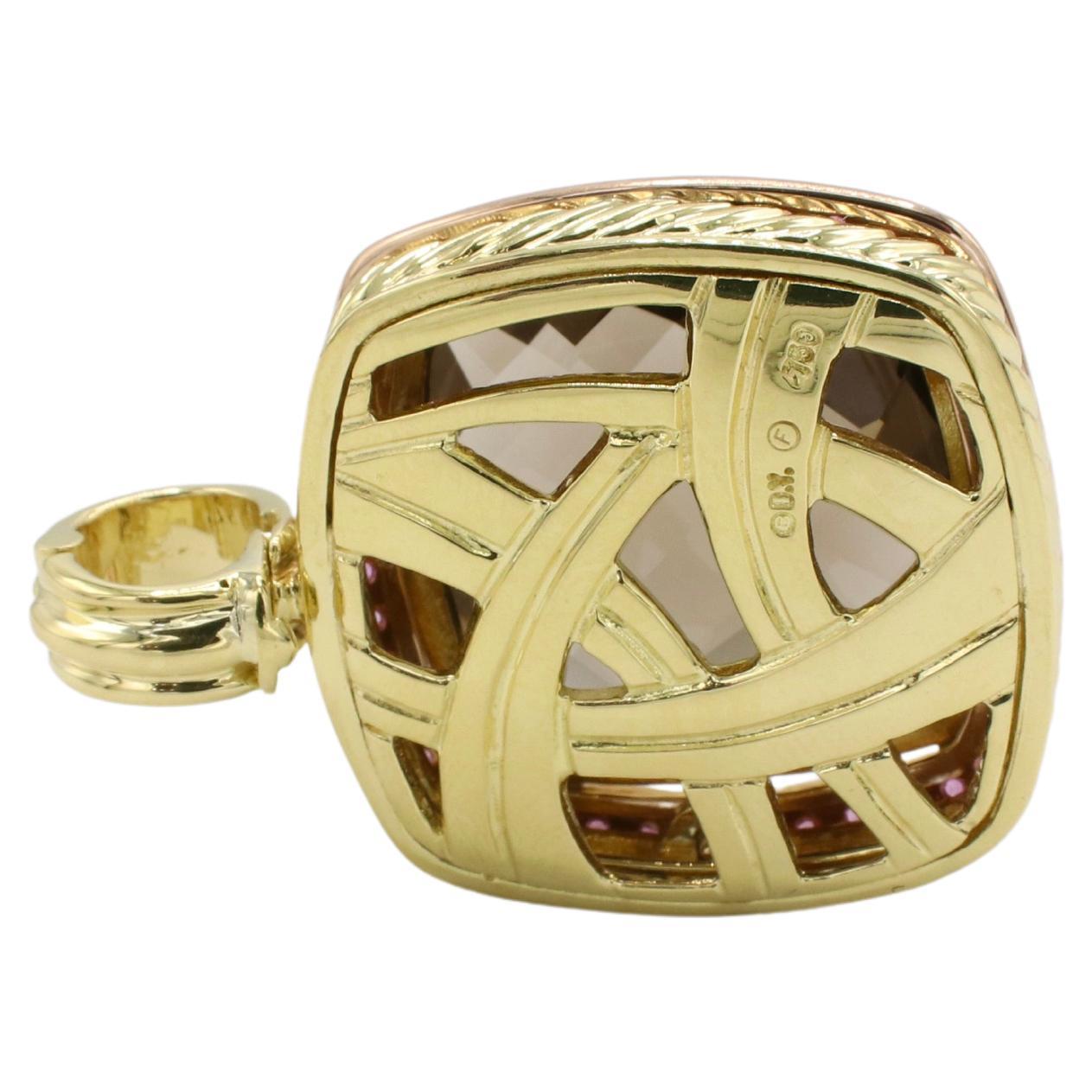 Cushion Cut David Yurman Albion 18 Karat Yellow Gold Smoky Quartz & Pink Sapphire Pendant