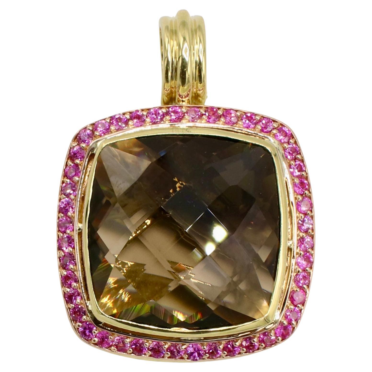 David Yurman Albion 18 Karat Yellow Gold Smoky Quartz & Pink Sapphire Pendant