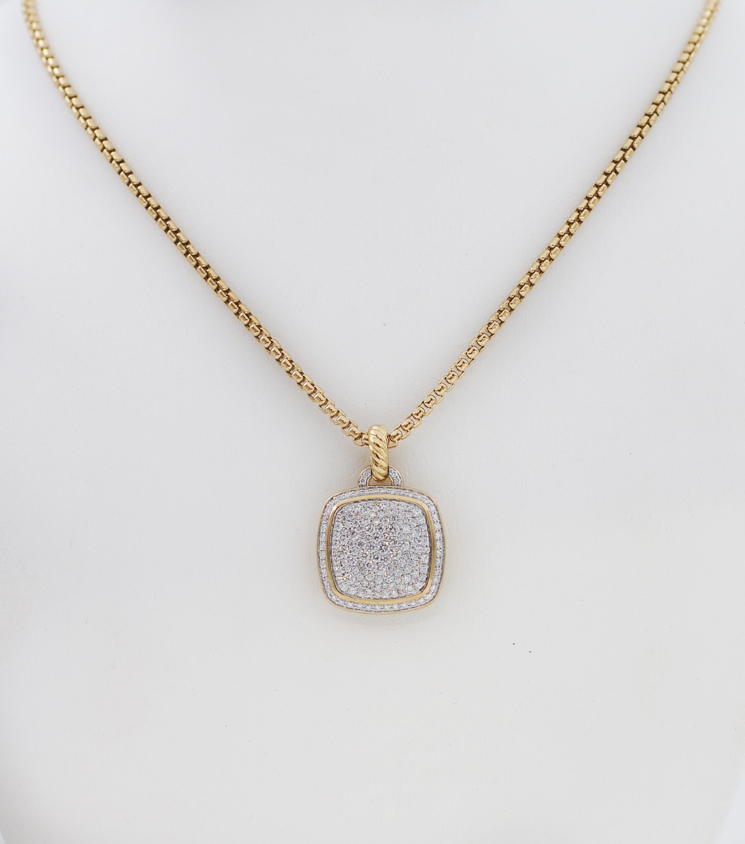 The Albion® Collection’s unique cushion-cut center stone or pave Diamonds in a refined modern setting with classical proportion
Details:
18-karat yellow gold
Pavé-set diamonds, Approx. 1.59 total carat weight
Pendant, 21.4mm (1