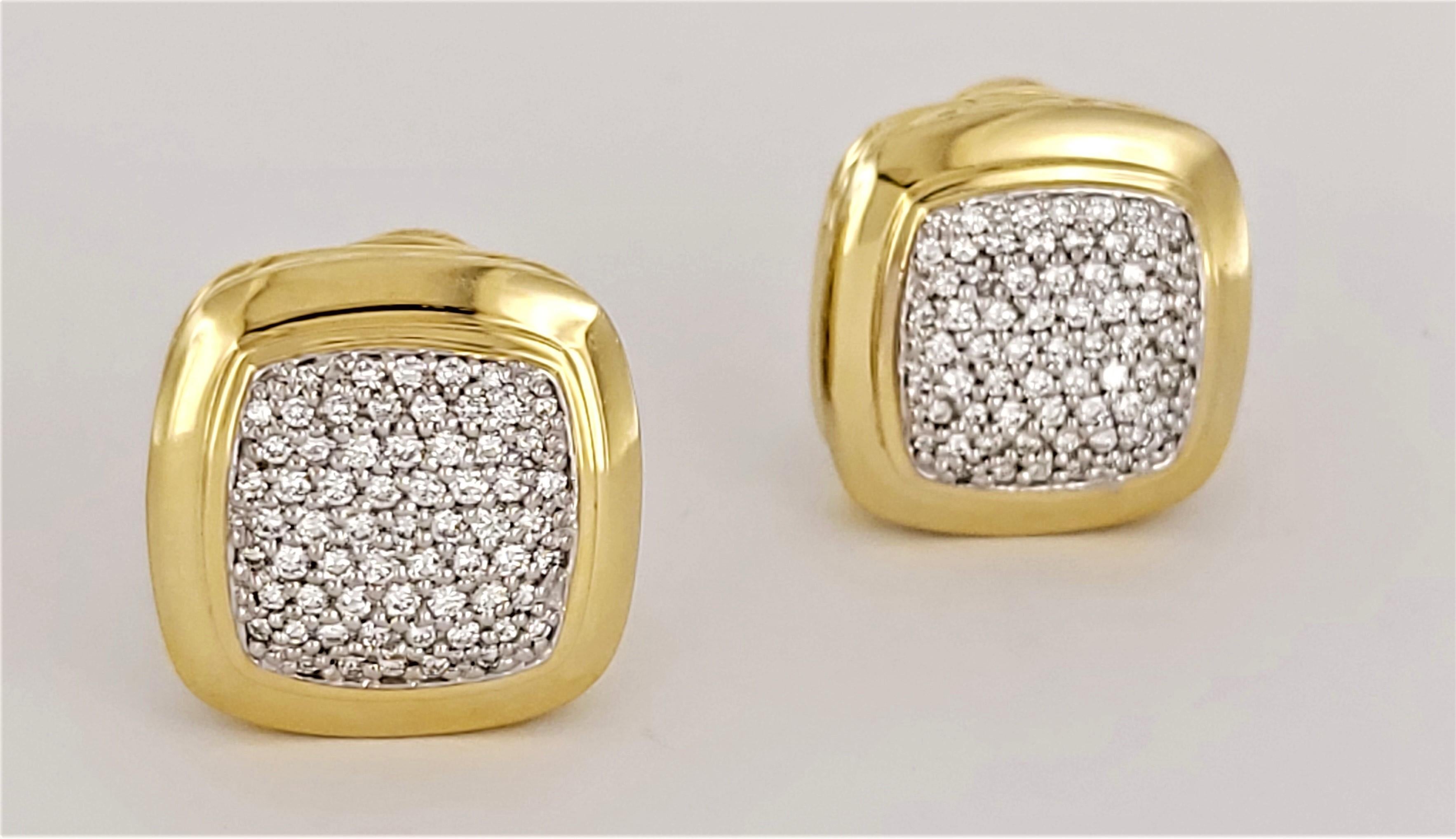 David Yurman Earrings with Diamonds  
Material 18K Yellow Gold
At the center, an array of inset diamonds totaling 2.00 ct
Diamond Clarity  VVS
Color Grade F
Earrings Dimension 20mm X 20mm each 
Earrings Weight 15.1 gr each
Earrings thickness 8.9