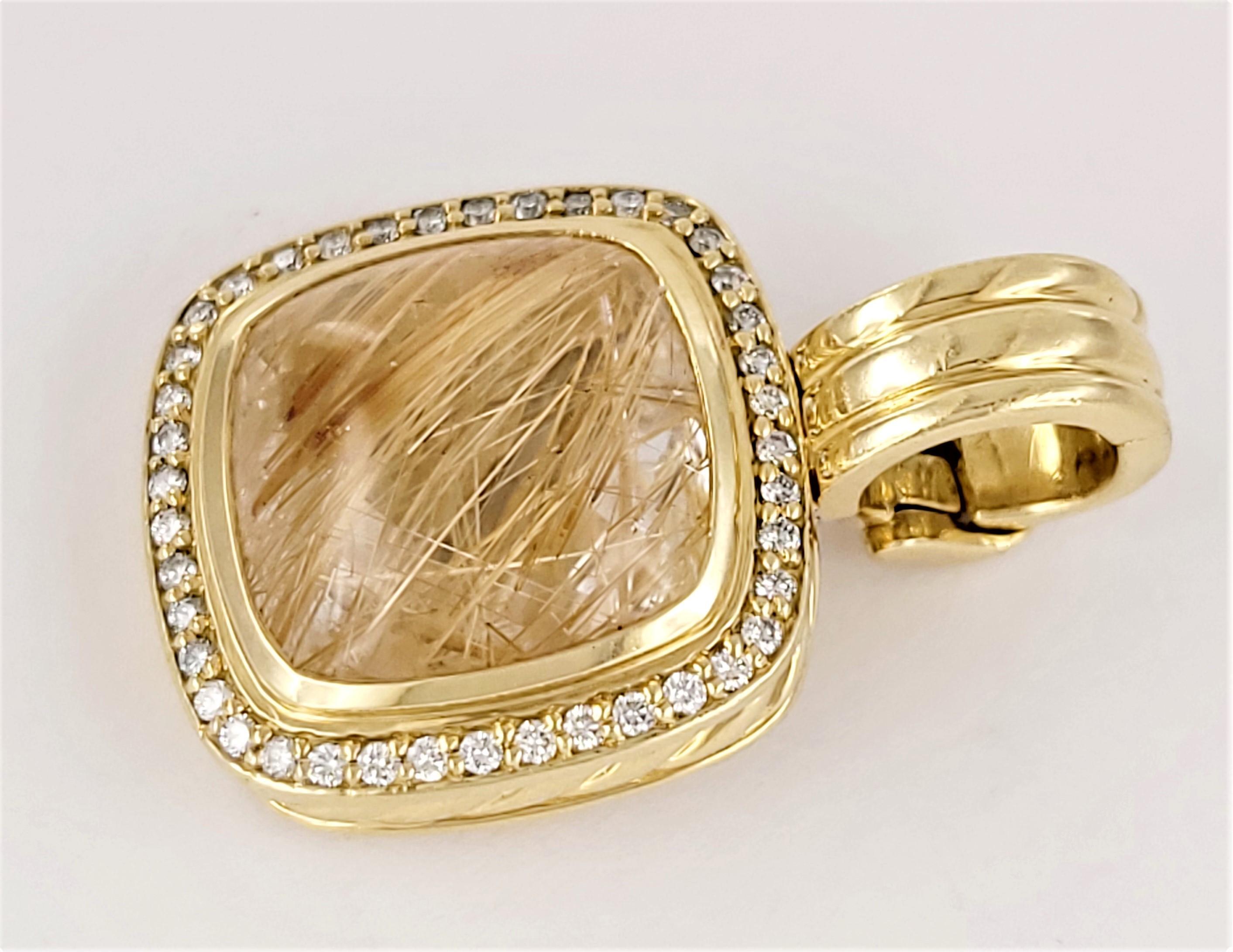 Taille carrée David Yurman Albion Pendentif en or jaune 18 carats, quartz rutile et diamants en vente
