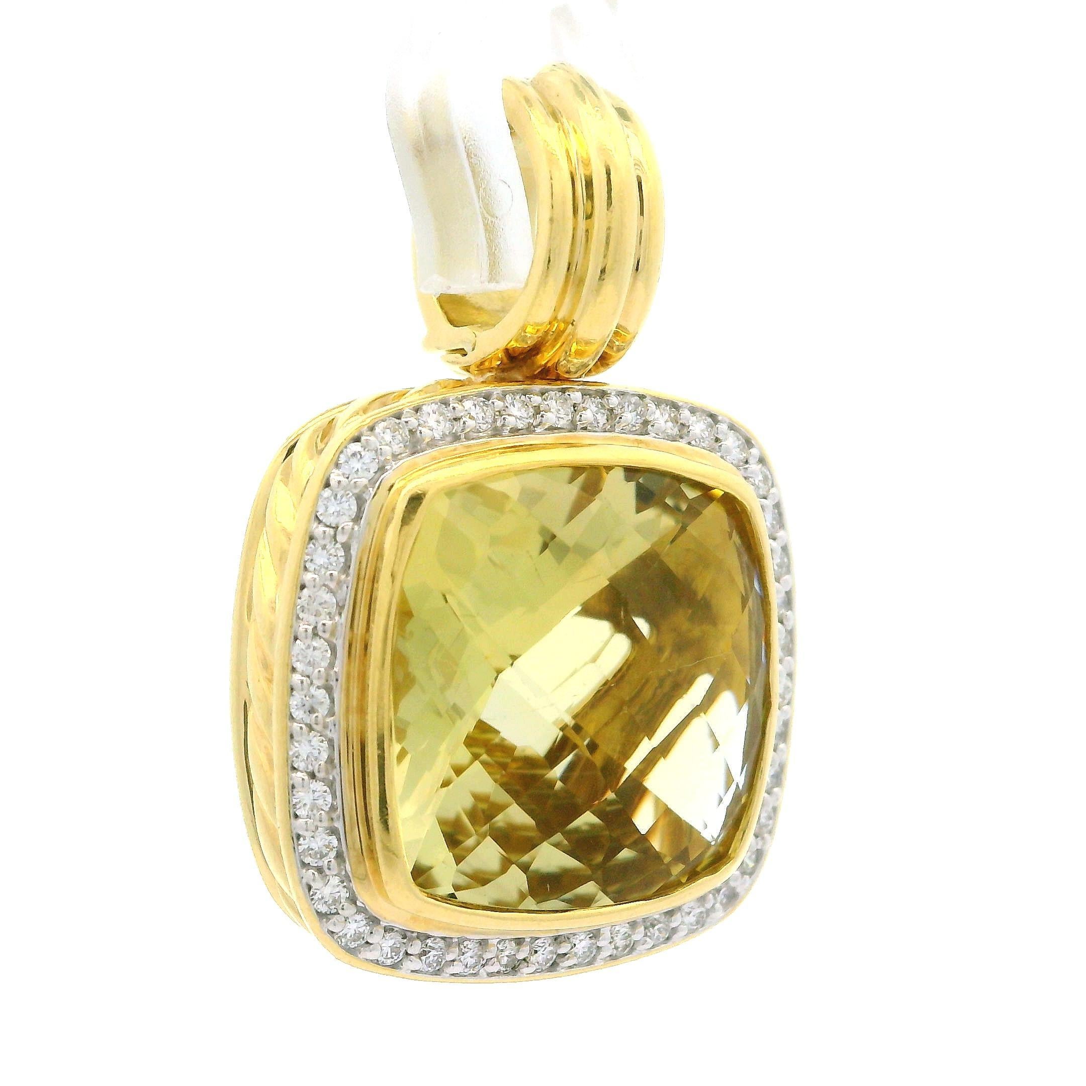 --Stone(s):--
(1) Natural Genuine Lemon Quartz - Cushion Checkerboard Cut - Bezel Set - Yellowish Green Color - 14x13.6mm (approx.) 
Numerous Natural Genuine Diamonds - Round Brilliant Cut - Pave Set - White Color

Material: Solid 18k Yellow Gold
