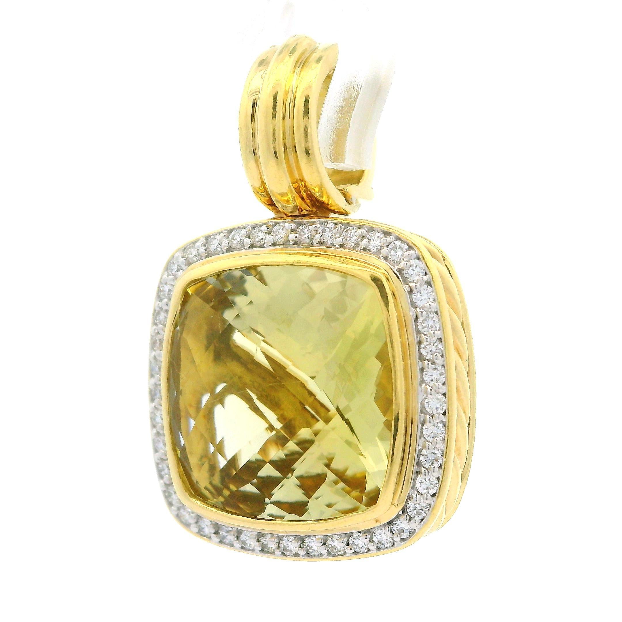 Cushion Cut David Yurman Albion 18k Yellow Gold Lemon Quartz & Diamond Enhancer Pendant