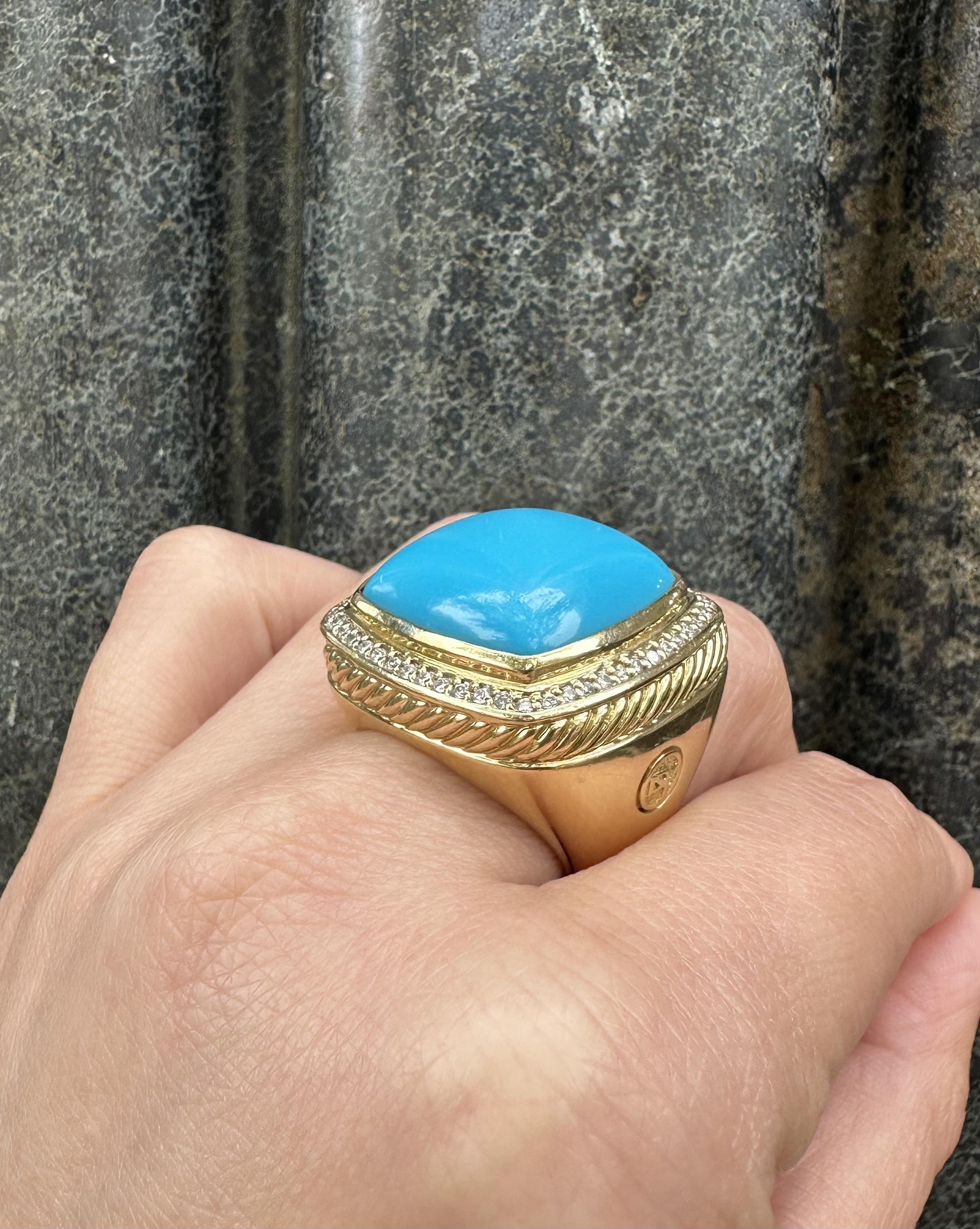 David Yurman Albion 18k Yellow Gold Turquoise & Diamond Large Bezel Heavy Ring For Sale 5