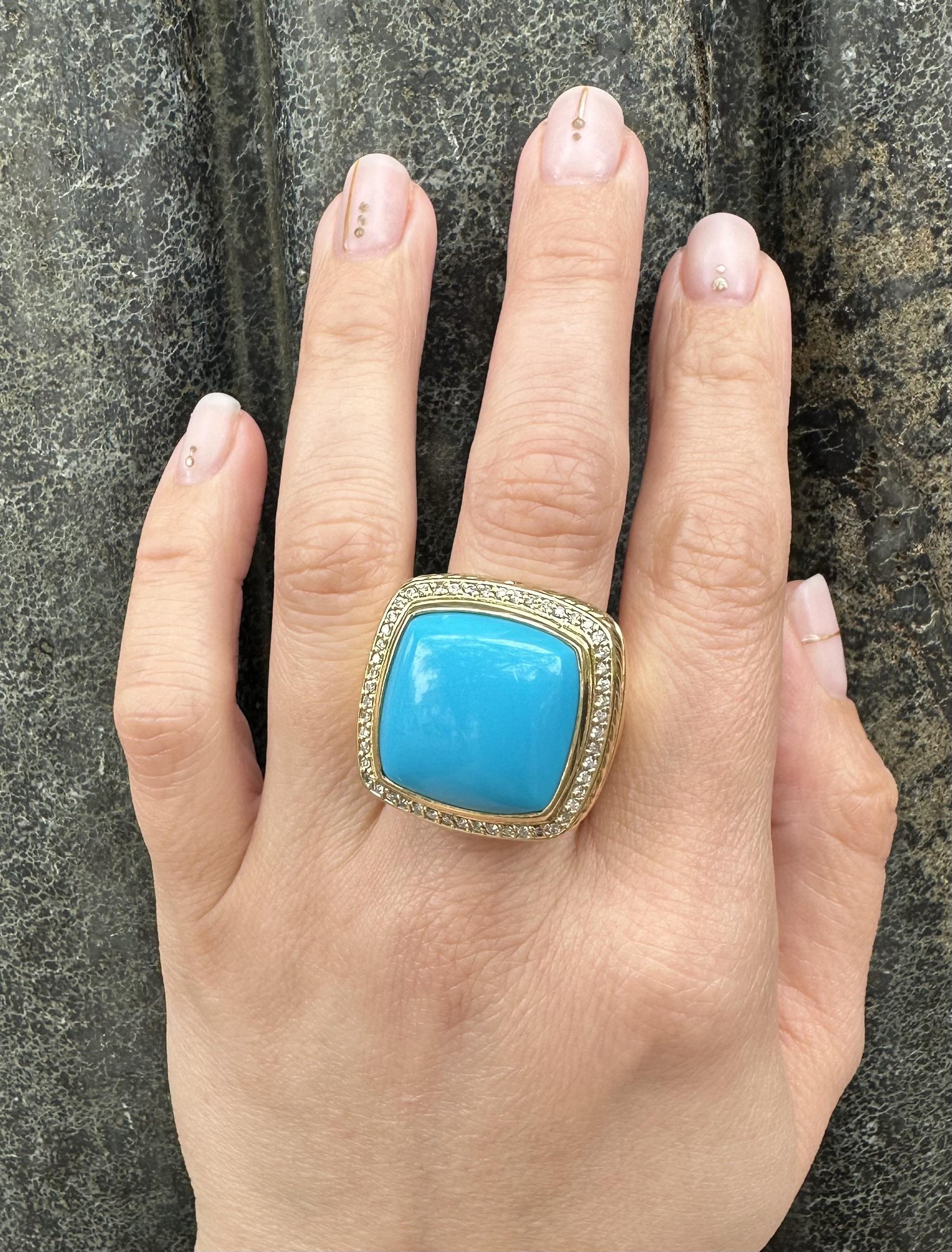 Women's David Yurman Albion 18k Yellow Gold Turquoise & Diamond Large Bezel Heavy Ring For Sale