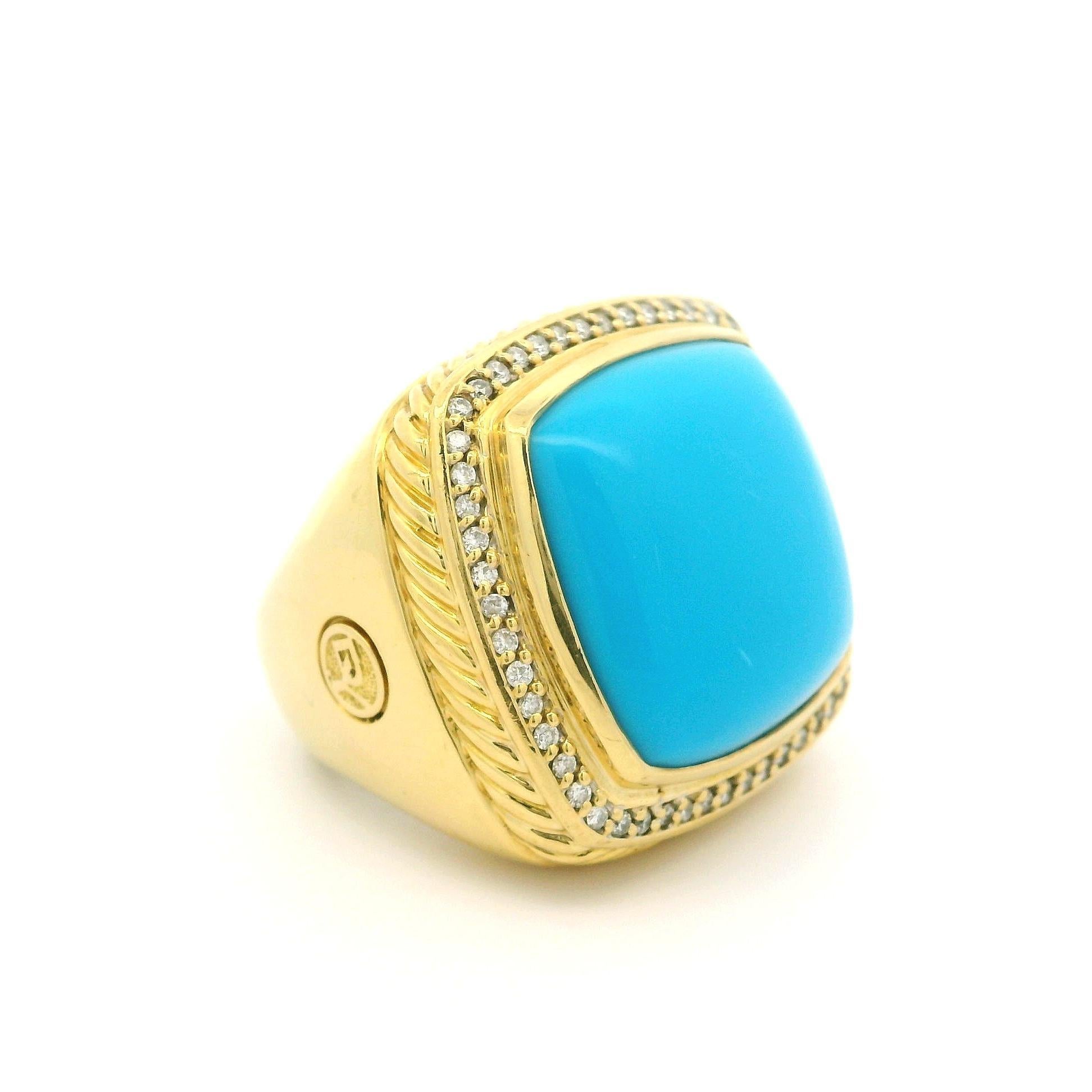 David Yurman Albion 18k Yellow Gold Turquoise & Diamond Large Bezel Heavy Ring For Sale 2