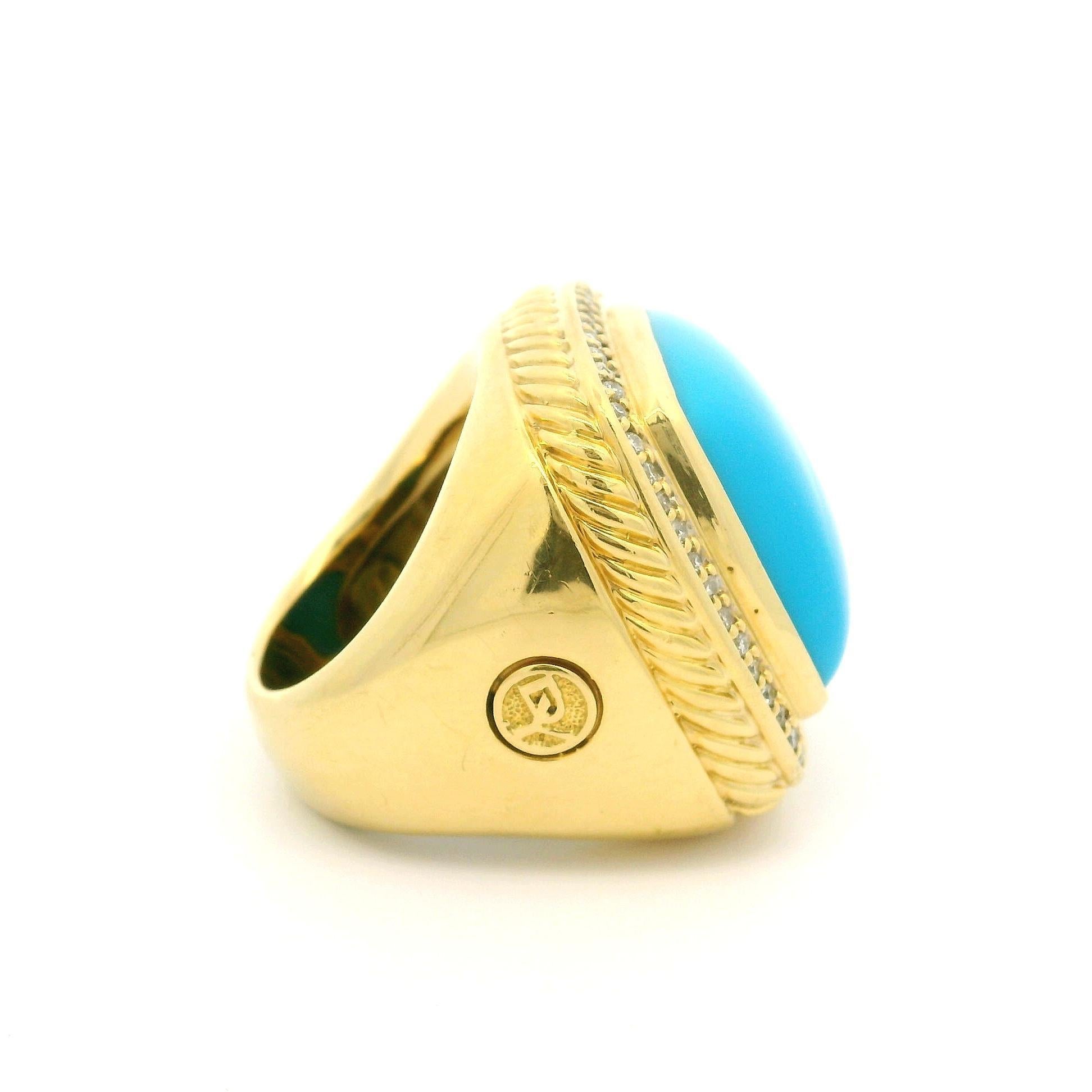 David Yurman Albion 18k Yellow Gold Turquoise & Diamond Large Bezel Heavy Ring For Sale 3