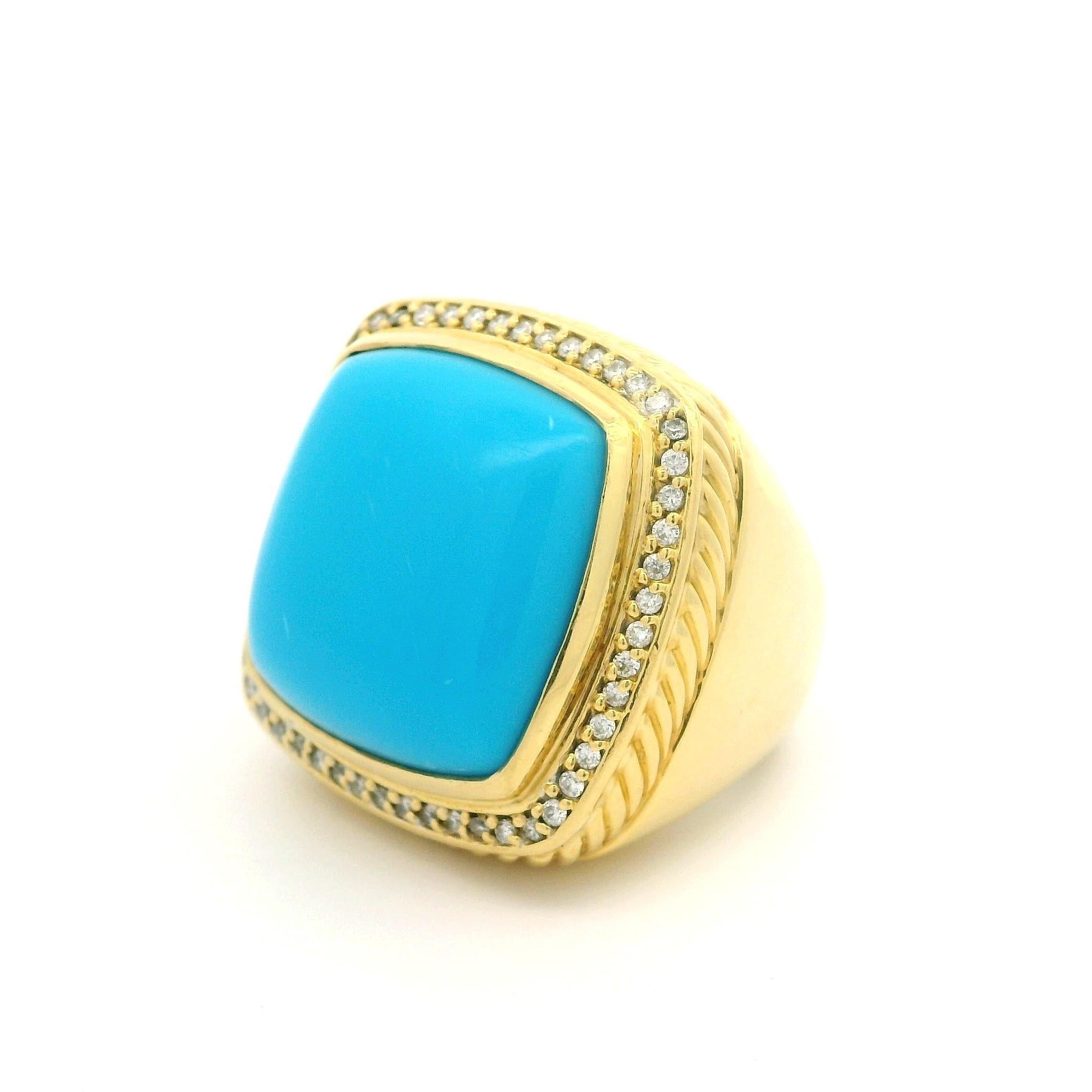 David Yurman Albion 18k Yellow Gold Turquoise & Diamond Large Bezel Heavy Ring For Sale 4
