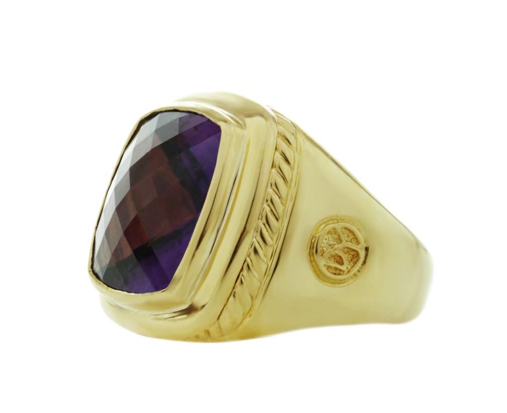 Mint condition
18k Yellow Gold
Ring size: 7
Weight: 21 gr
Amethyst: 14x14mm
Comes with David Yurman box