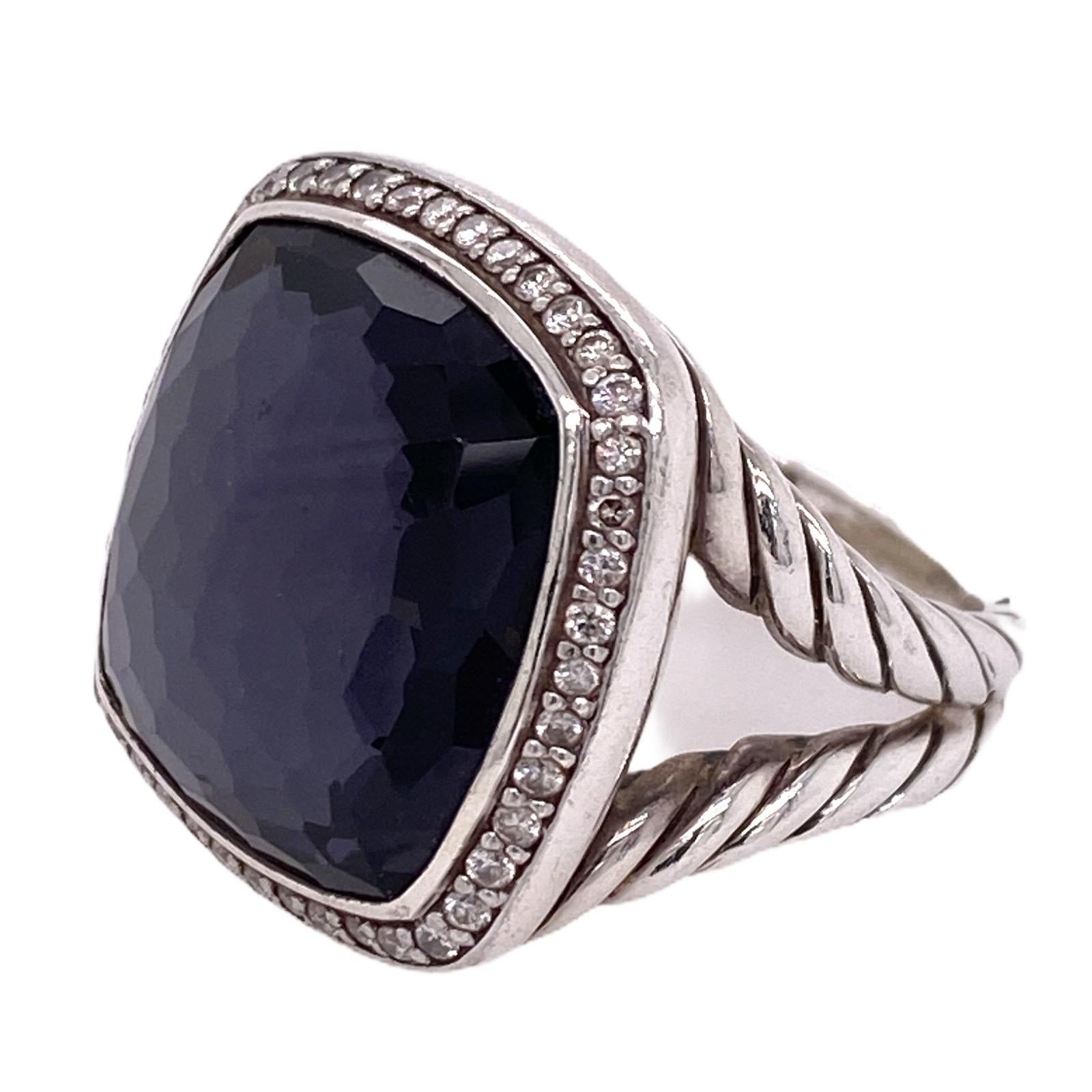 David Yurman Albion Black Orchid Diamond Ring Fashioned in Sterling Silver. The faceted black orchid gemstone (a fusion of hematite and lavendar amethyst gemstones) measures 17 x 17mm, and is surrounded by round brilliant cut diamonds weighing