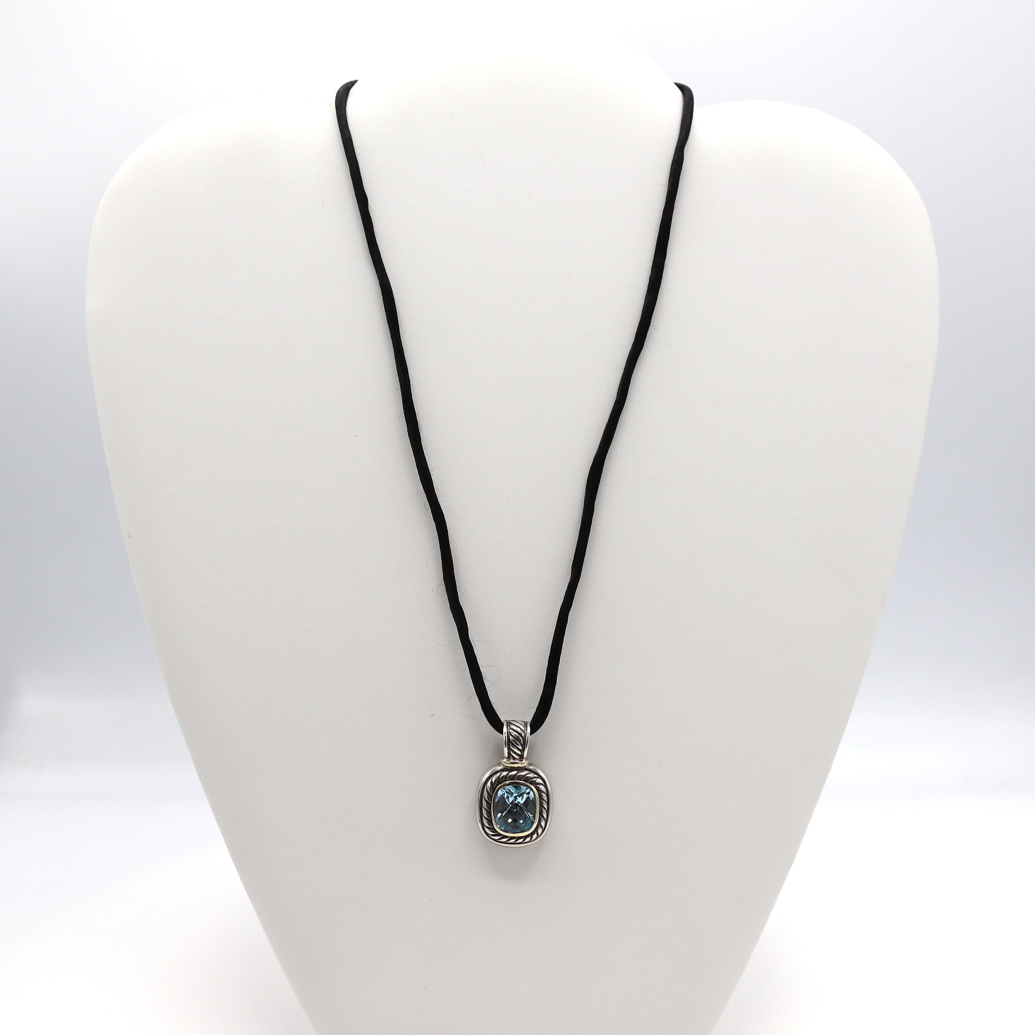 David Yurman Albion Blue Topaz Sterling Silver Pendant Enhancer Cord Necklace
Metal: Sterling silver & 14k yellow gold
Weight: 13.64 grams
Pendant: 30 x 19mm
Cord: Satin, 18 inches
