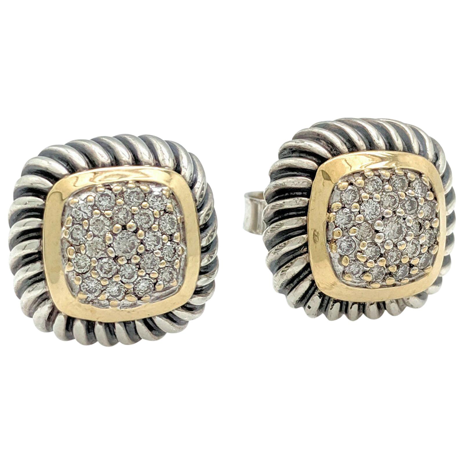 David Yurman Albion Cable Pave Diamond 18K Yellow and Sterling Silver Earrings For Sale