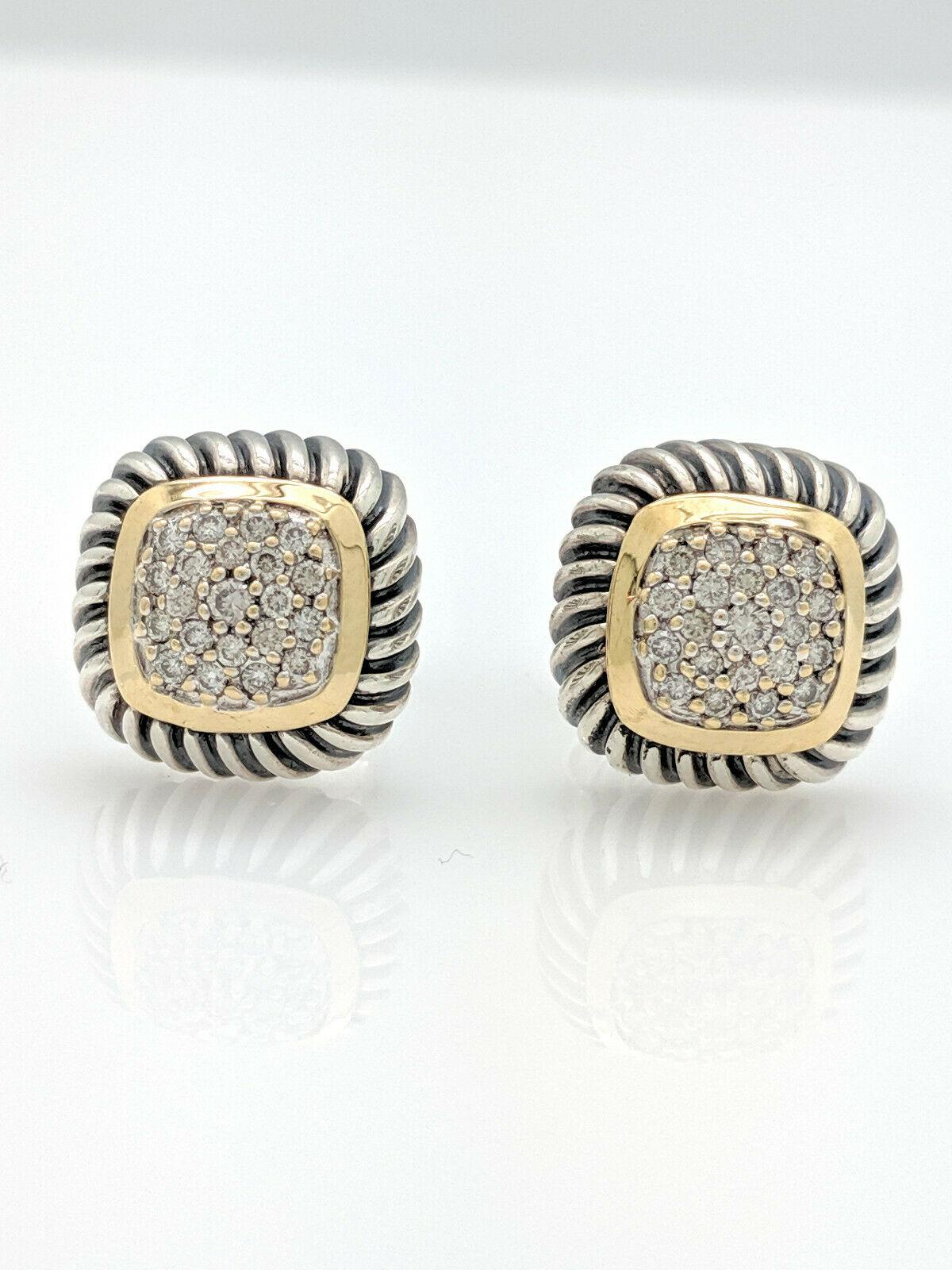 David Yurman Albion Cable Pave Diamond 18K Yellow and Sterling Silver Earrings In Good Condition For Sale In Gainesville, FL