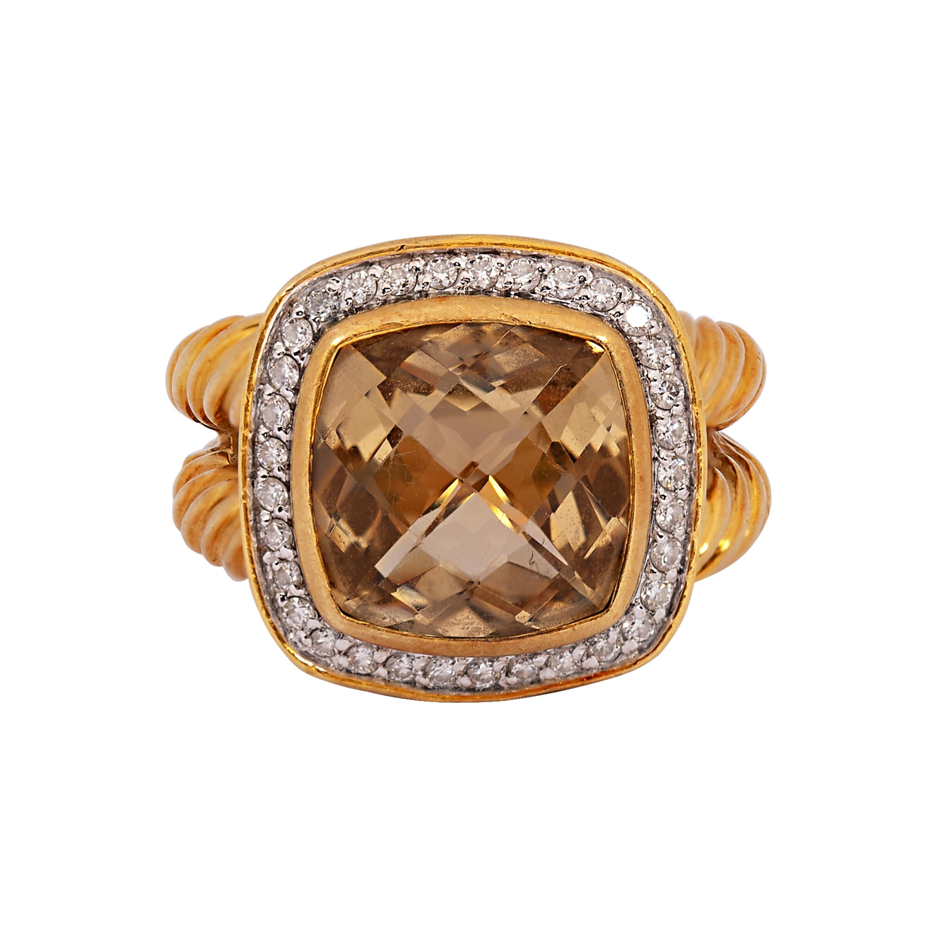 18K Yellow Gold David Yurman Albion Cocktail Ring containing a faceted Cushion-Cut Citrine and 33 round brilliant cut diamonds. The center stone is approximately 11mm x 11 mm. The ring is currently in size 6.