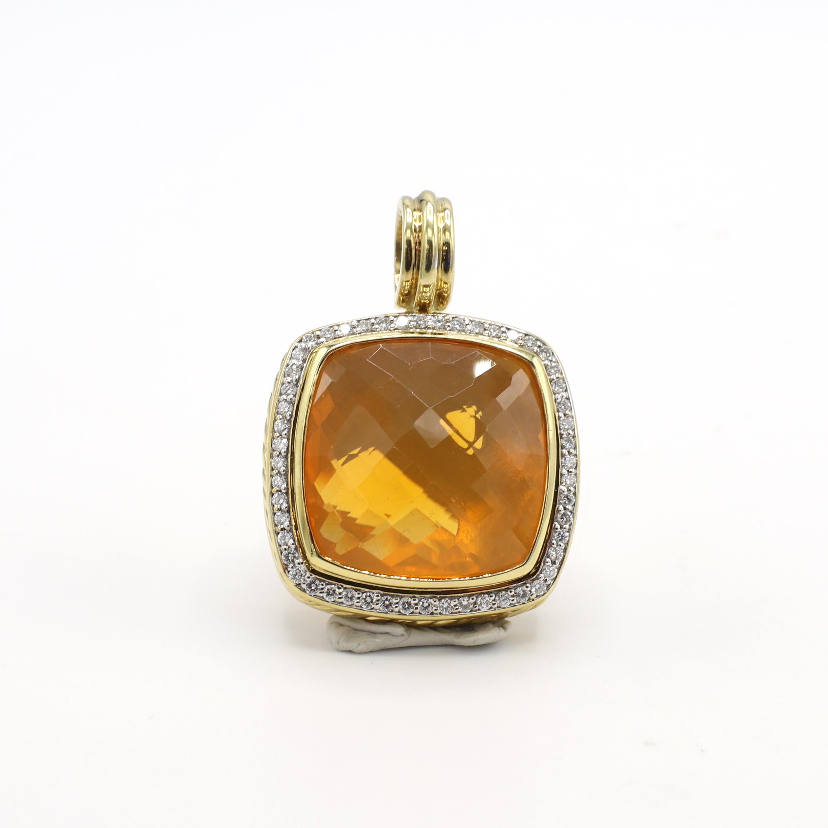 David Yurman Albion Citrine & Diamond Pendant Enhancer 
Metal: 18 Karat yellow gold
Weight: 23.25 grams
Diamonds: Approx. .75 CTW G VS round diamonds
Citrine: 20 x 20mm
Pendant: 26 x 36.5mm
