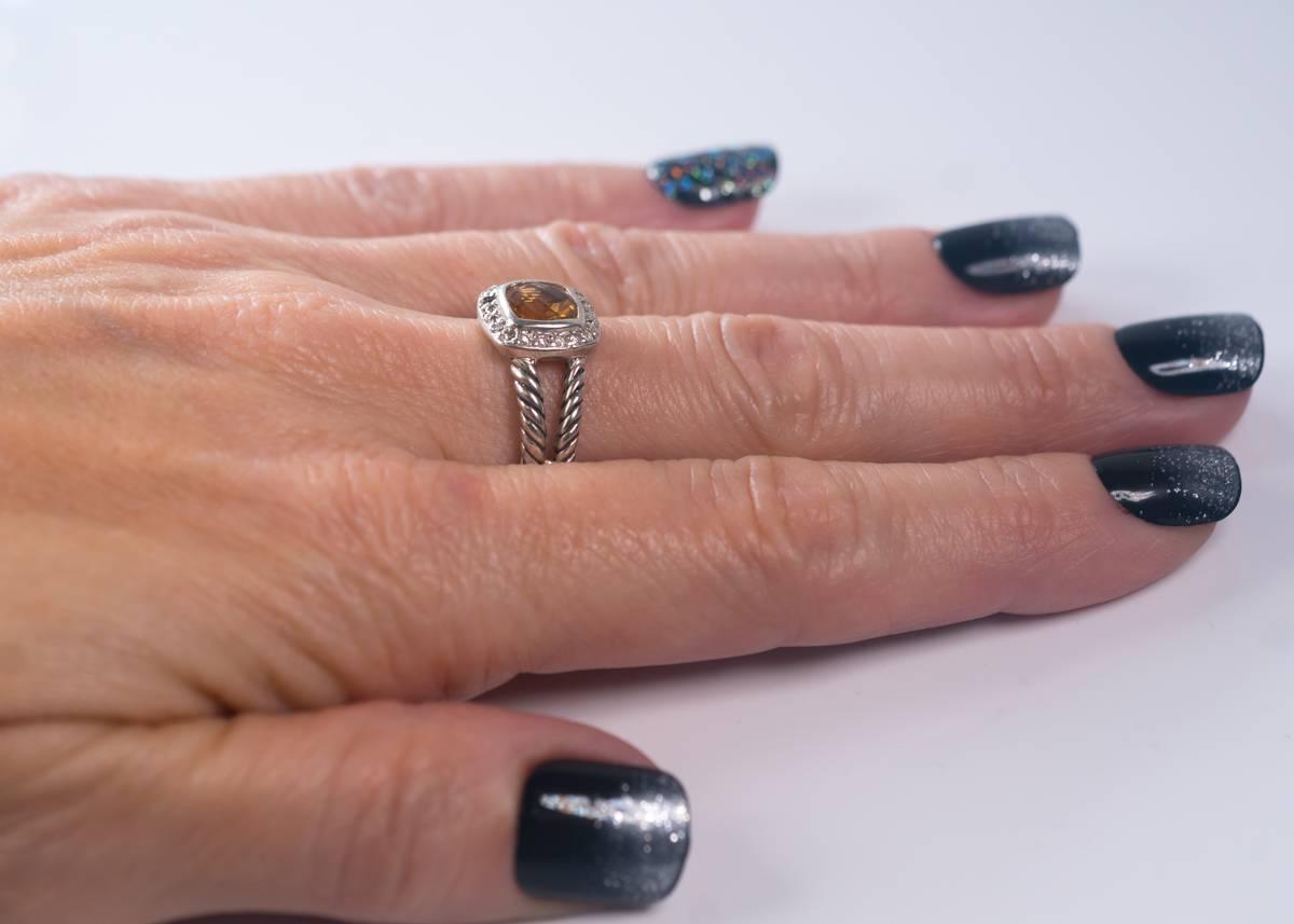 Modern David Yurman Albion Citrine Ring with Diamond Halo, Sterling Silver