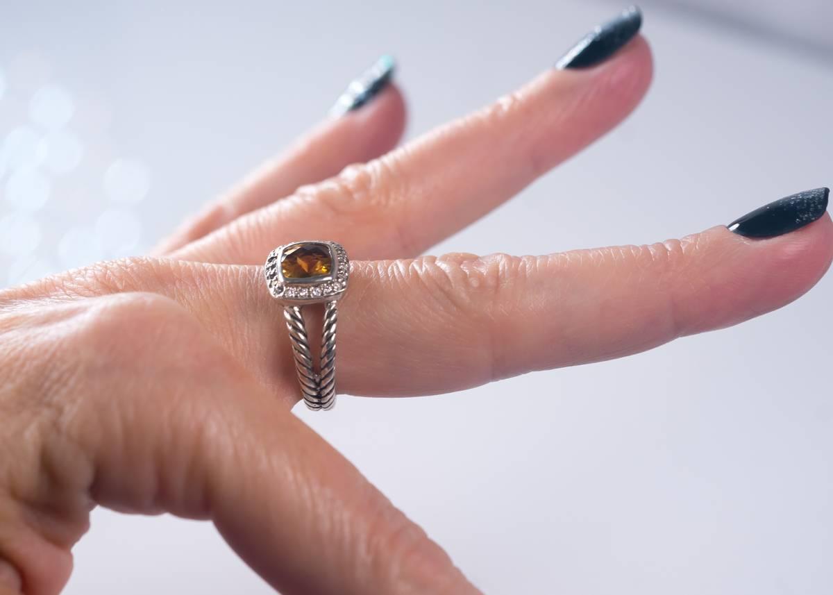 David Yurman Albion Citrine Ring with Diamond Halo, Sterling Silver In Good Condition In Atlanta, GA