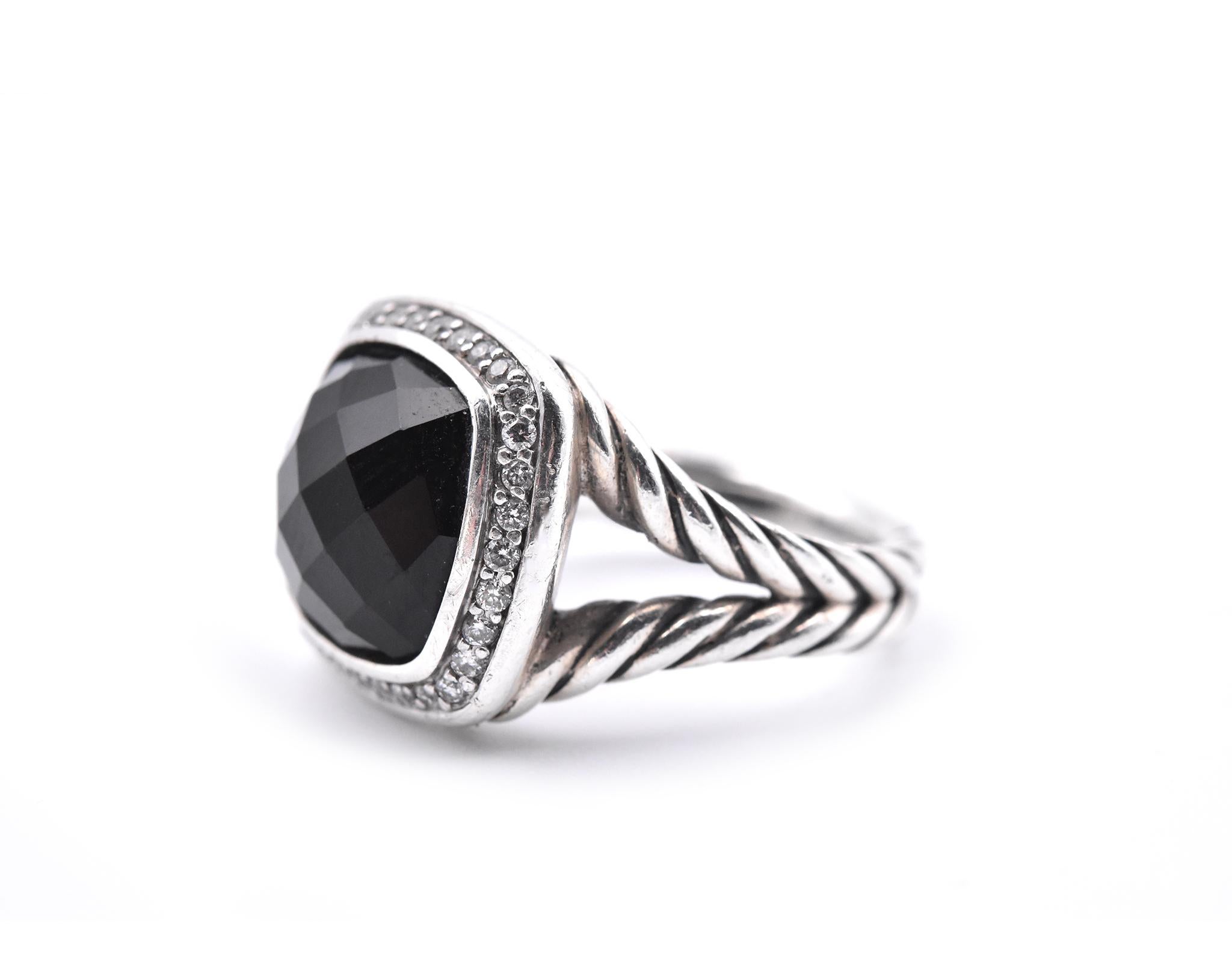 Designer: David Yurman
Material: sterling silver
Center Stone: faceted black onyx
Accent Diamonds: 32 round brilliant cuts = 0.22cttw
Dimensions: ring top measures approximately 15.15mm x 15.15mm
Weight: 8.72 grams
