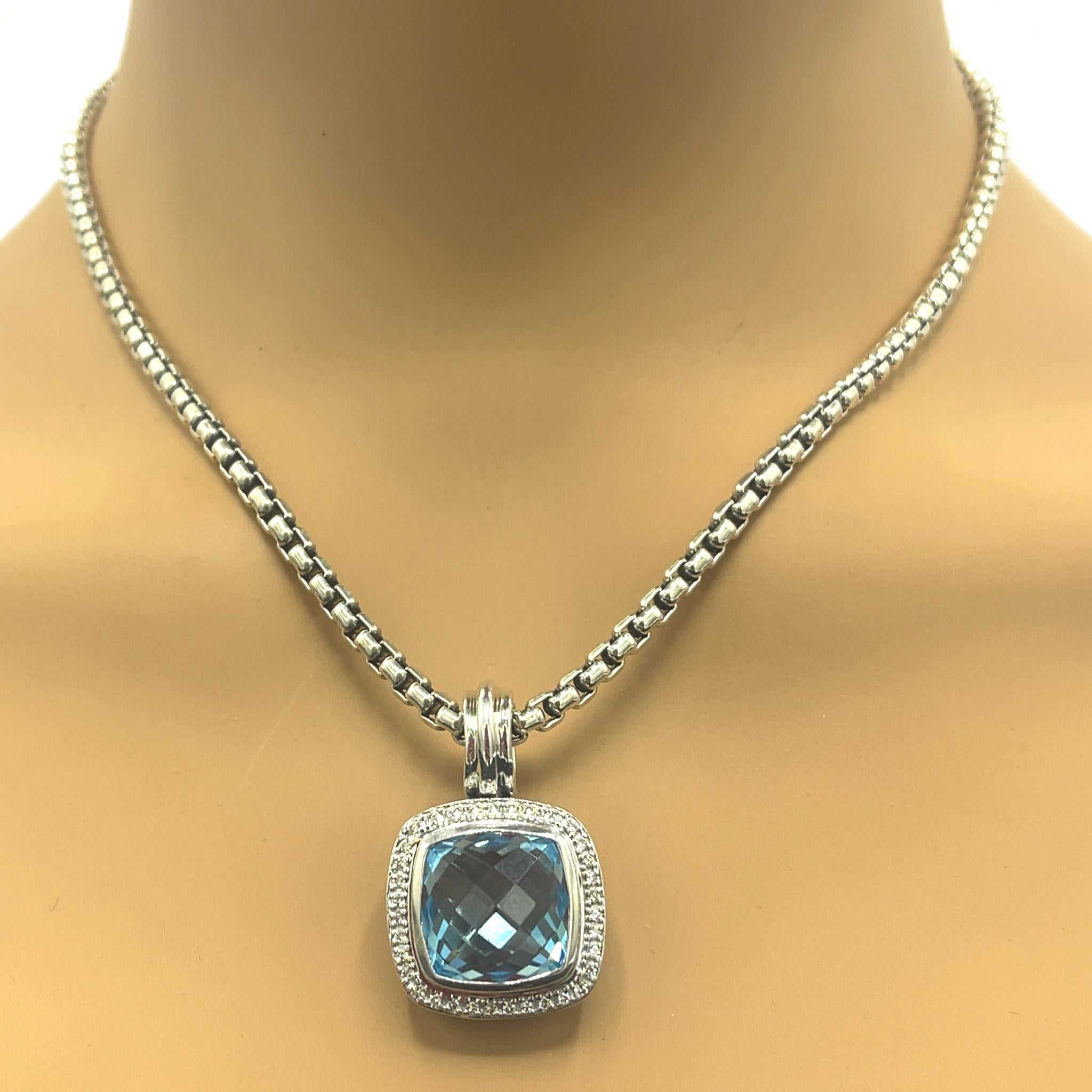 Sterling Silver
Diamond: 0.39 ct twd
Blue Topaz: 19 tcw (estimated)
Diamond: 0.39 ct twd
Chain: 17 inches
21 mm pendant
PreOwned