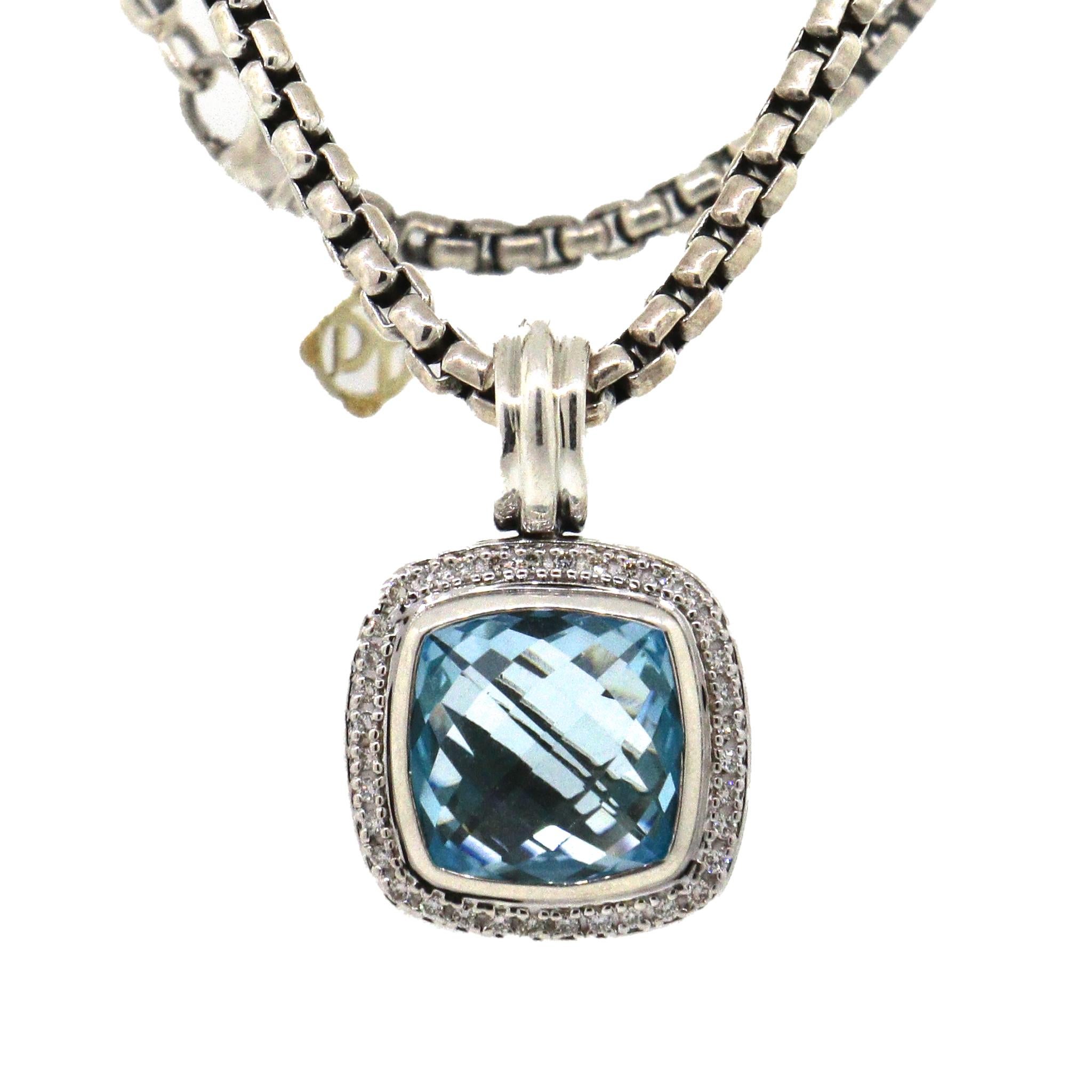 Cushion Cut David Yurman Albion Diamond and Blue Topaz Pendant Necklace For Sale
