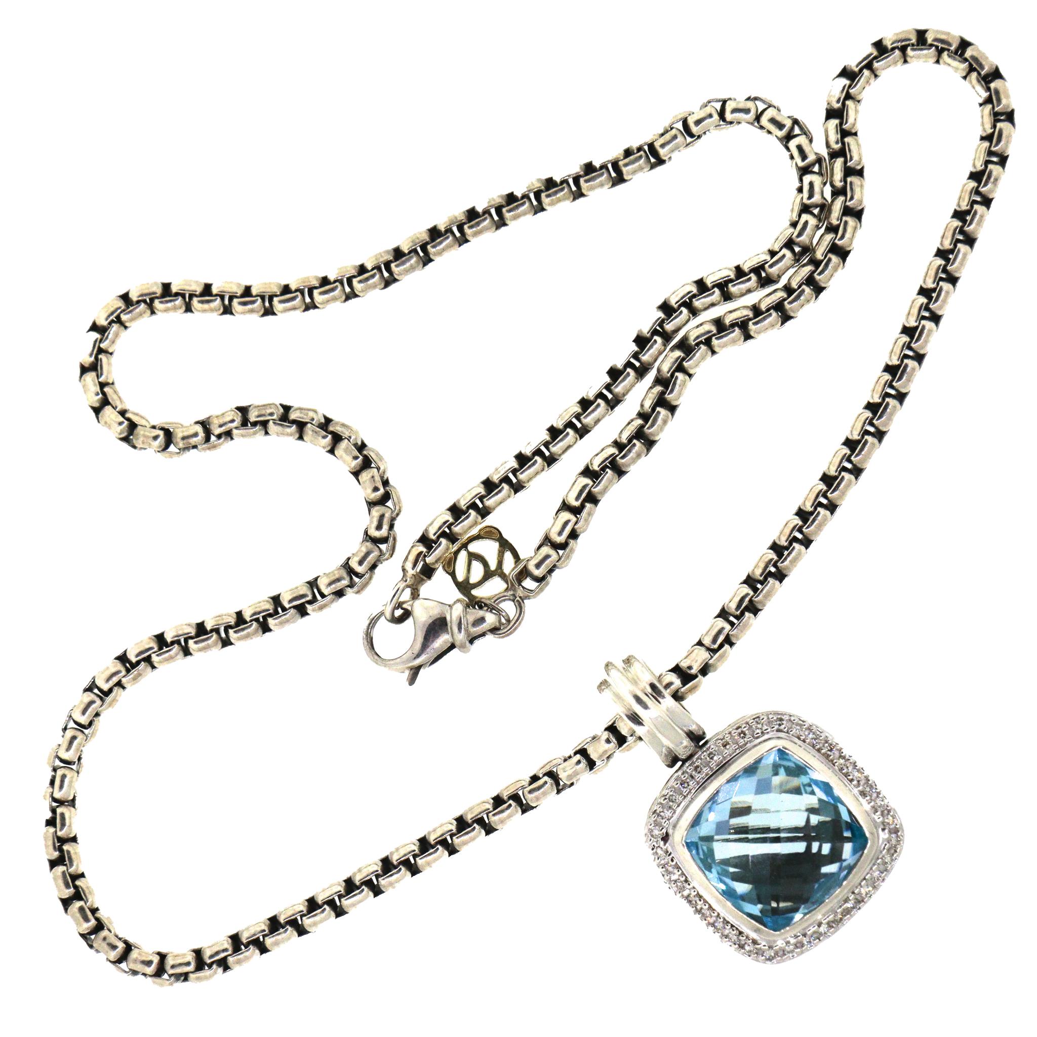 David Yurman Albion Diamond and Blue Topaz Pendant Necklace In Good Condition For Sale In New York, NY
