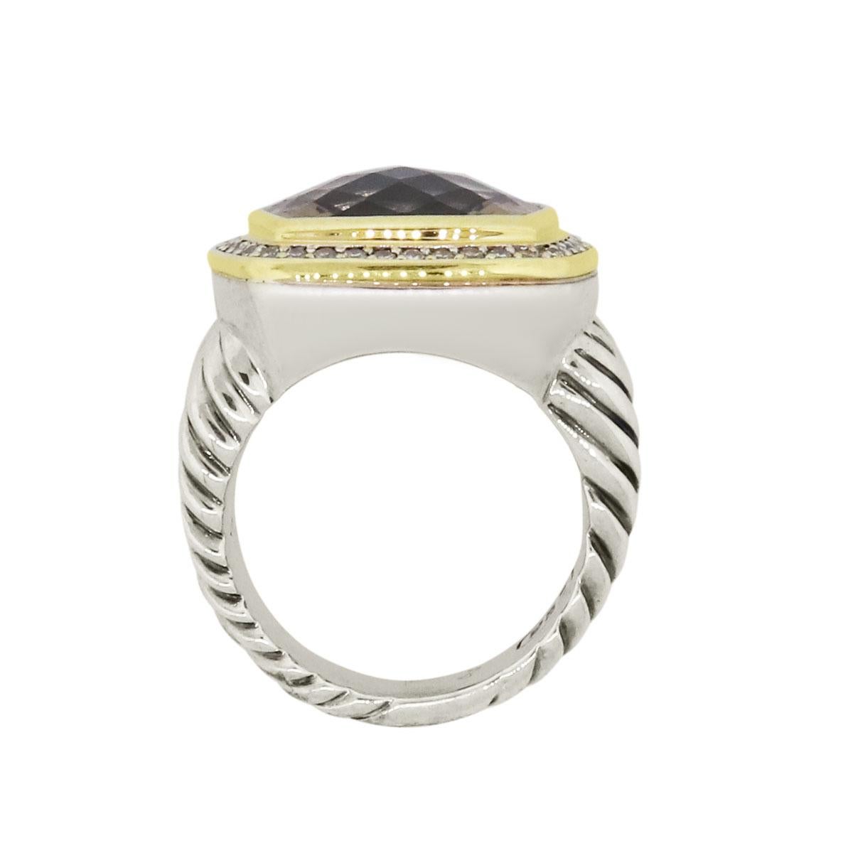 Designer: David Yurman
Material: Sterling silver and 18k yellow gold
Diamond Details: Approximately 0.20ctw of round brilliant diamonds. Diamonds are G/H in color and VS in clarity
Gemstone Details: Checkered cut smoky quartz measuring approximately