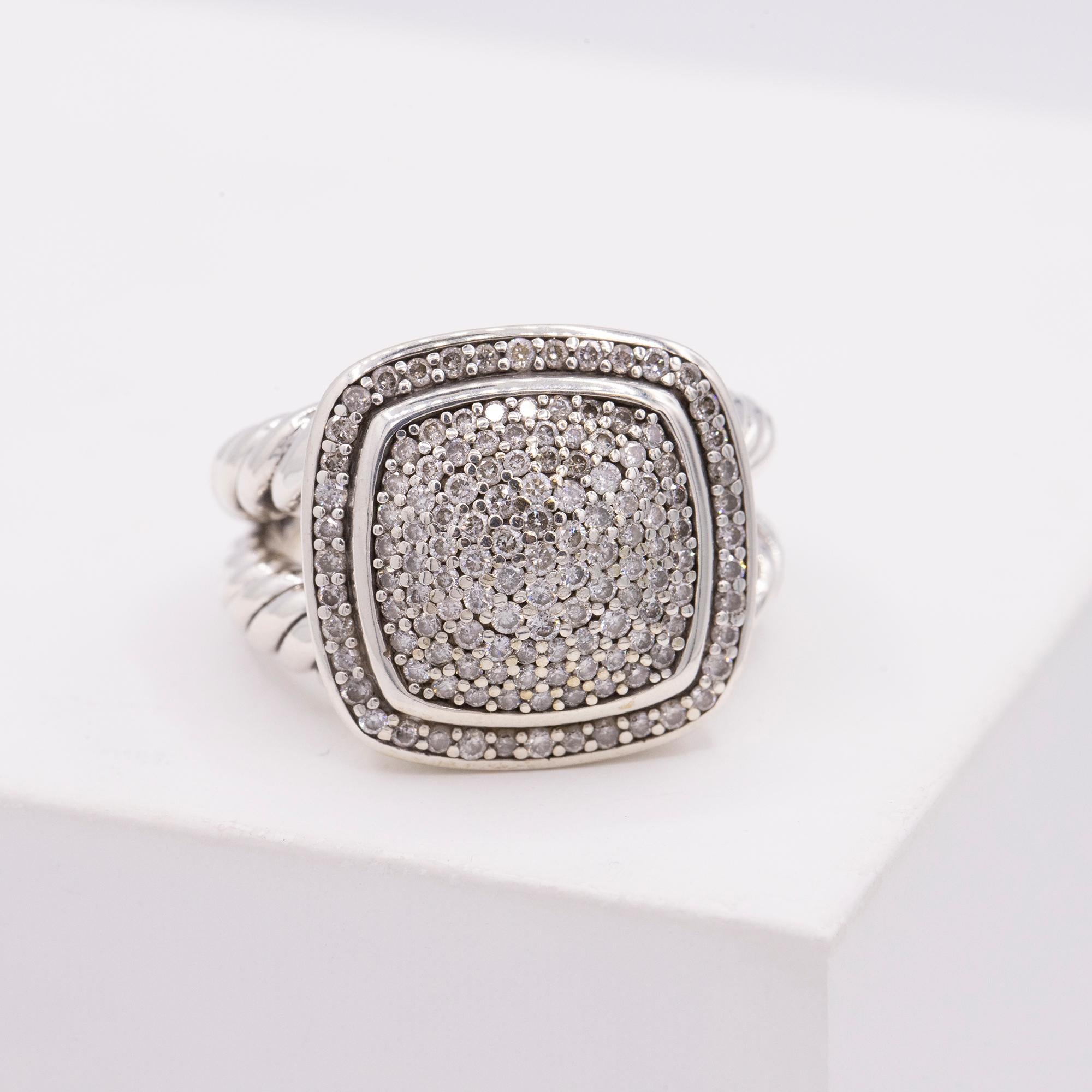 Sterling Silver David Yurman Albion Diamond Ring. 14mm in width and the diamonds weigh a total of .99 carats. The ring is a size 