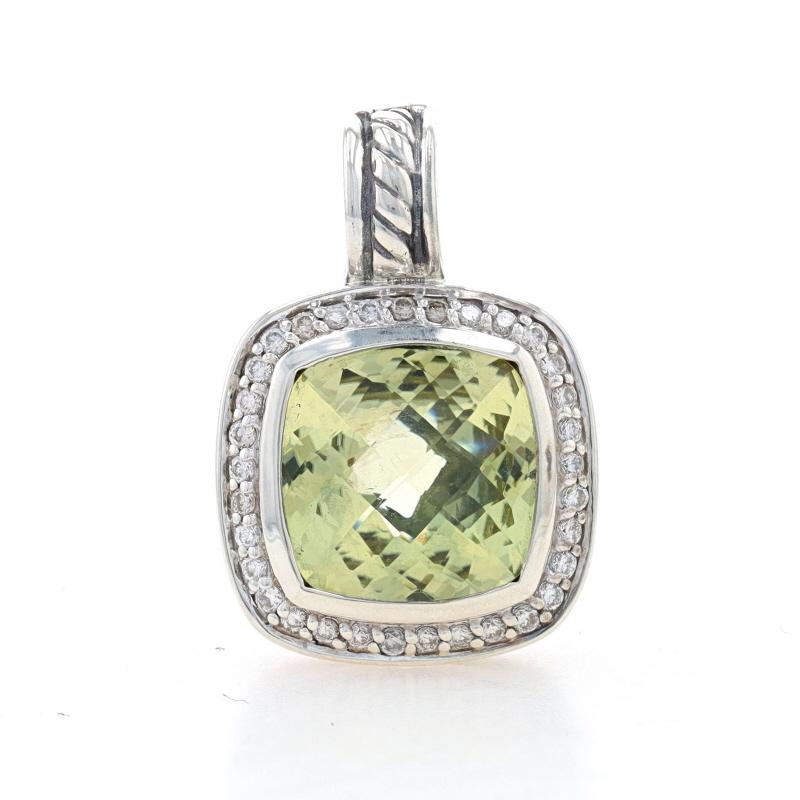 Retail Price: $1100

Brand: David Yurman
Collection: Albion

Metal Content: Sterling Silver

Stone Information
Natural Lemon Quartz
Cut: Square Checkerboard
Color: Greenish Yellow
Size: 11mm

Natural Diamonds
Carat(s): .28ctw
Cut: Round