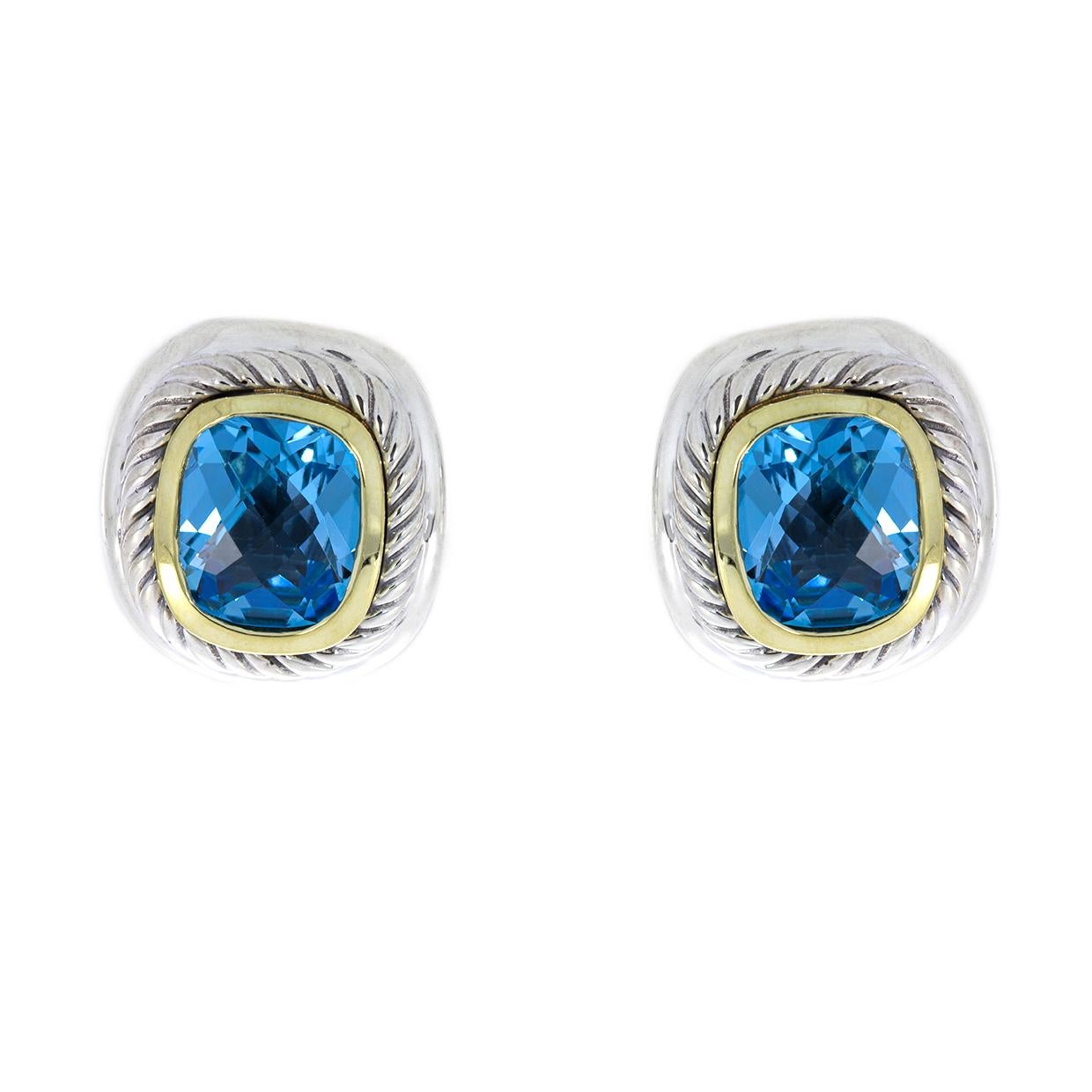 David Yurman Albion Mixed Metals Cushion Cut Blue Topaz Stud Earrings In Excellent Condition In Columbia, MO